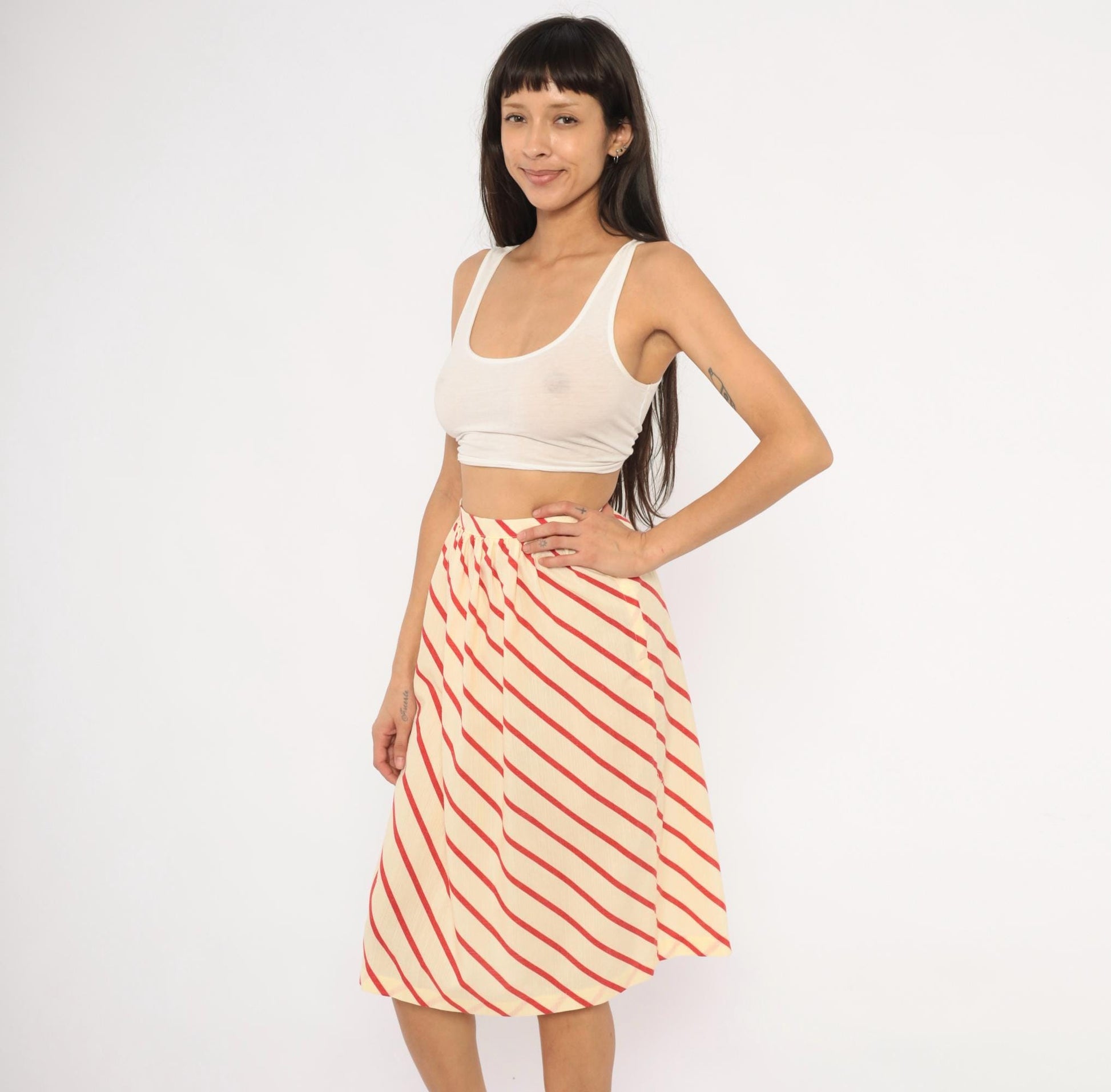 60s Bryn Mawr Diagonal Stripe A-Line Skirt Red Cream Knee Length Extra Small XS
