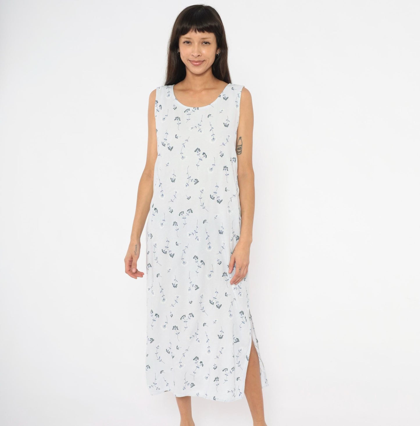 90s Notations Floral Maxi Dress White Navy Wildflower Sleeveless Medium