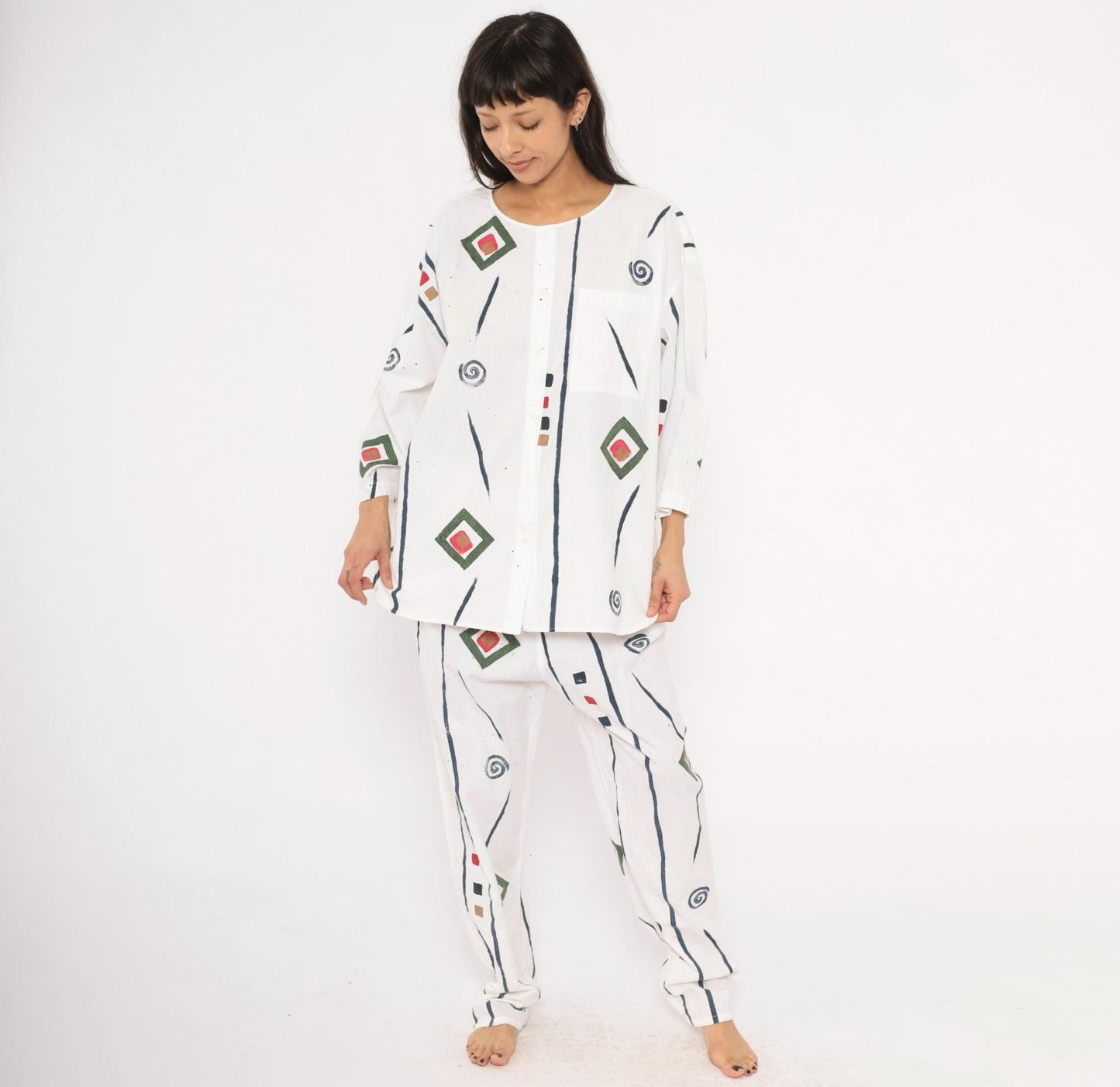 90s Allegre Geometric Print Cotton Two Piece Set White Large L