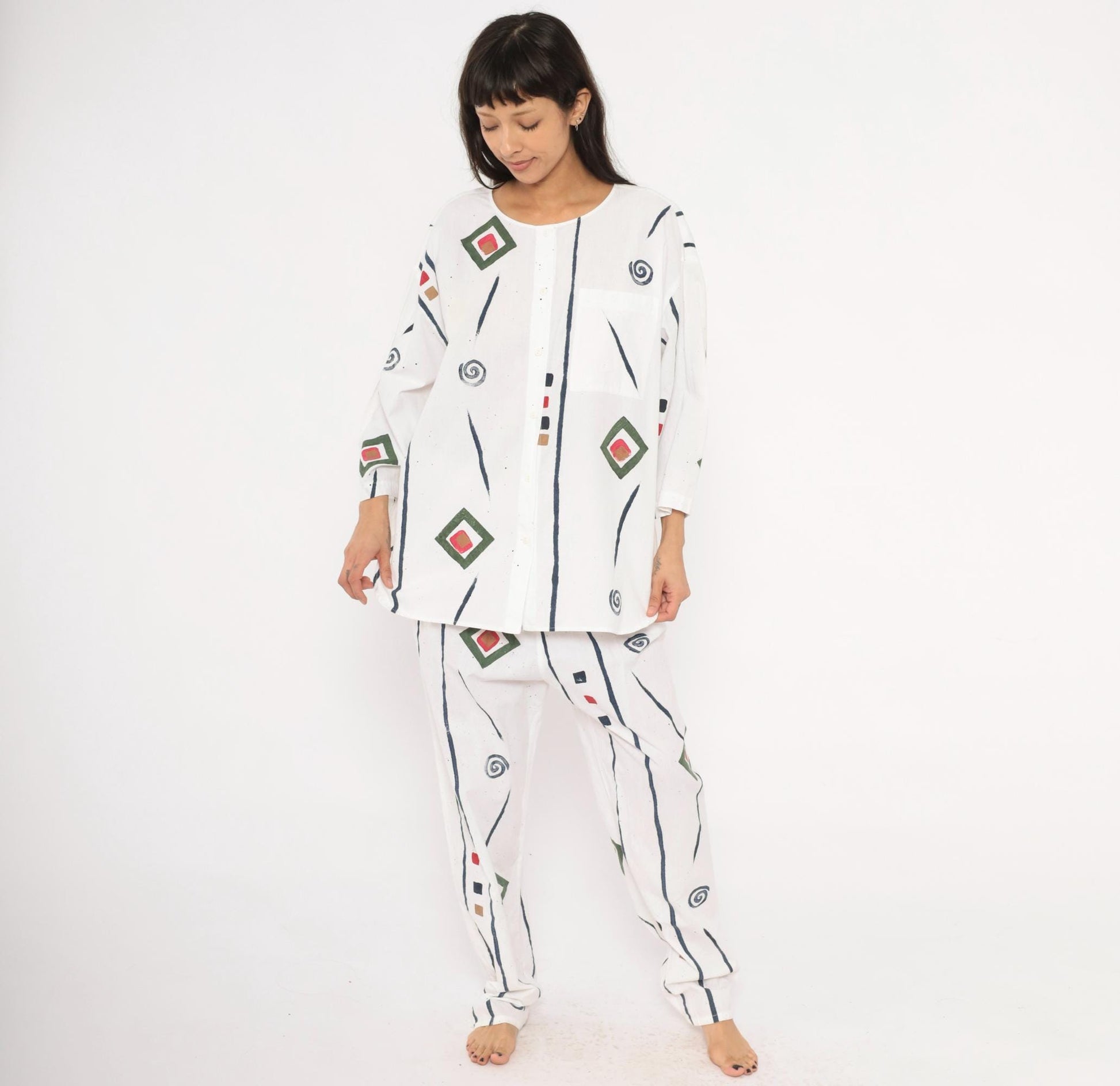 90s Allegre Geometric Print Cotton Two Piece Set White Large L