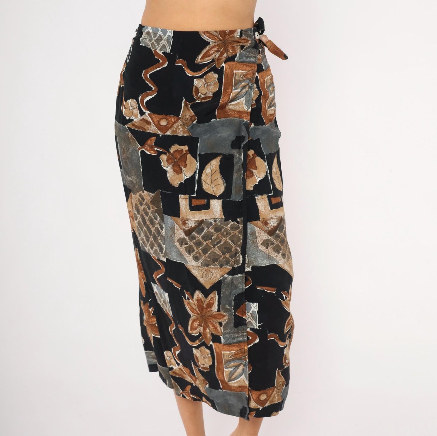 90s Abstract Botanical Wrap Skirt Black Patchwork Midi Small S