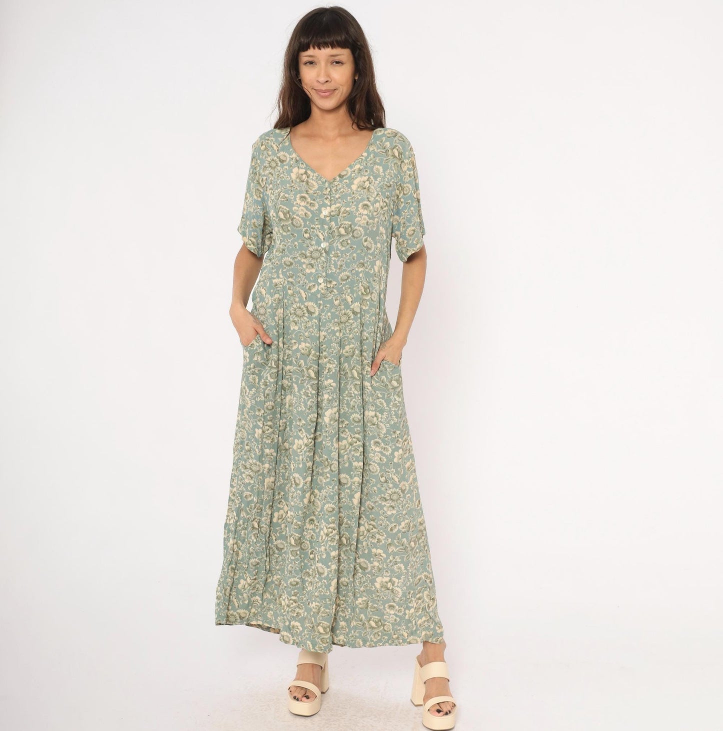 90s April Cornell Floral Maxi Dress Teal Cream V-Neck Short Sleeve Large L