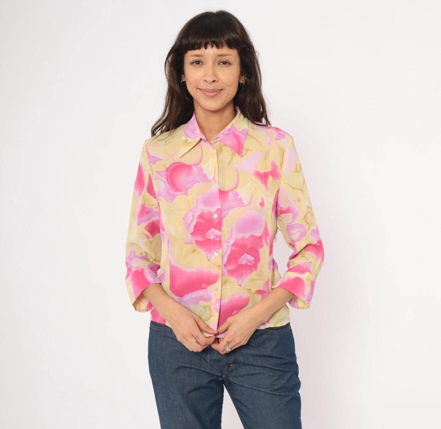 90s Caviar Watercolor Floral Sheer Blouse Pink Pointed Collar Small