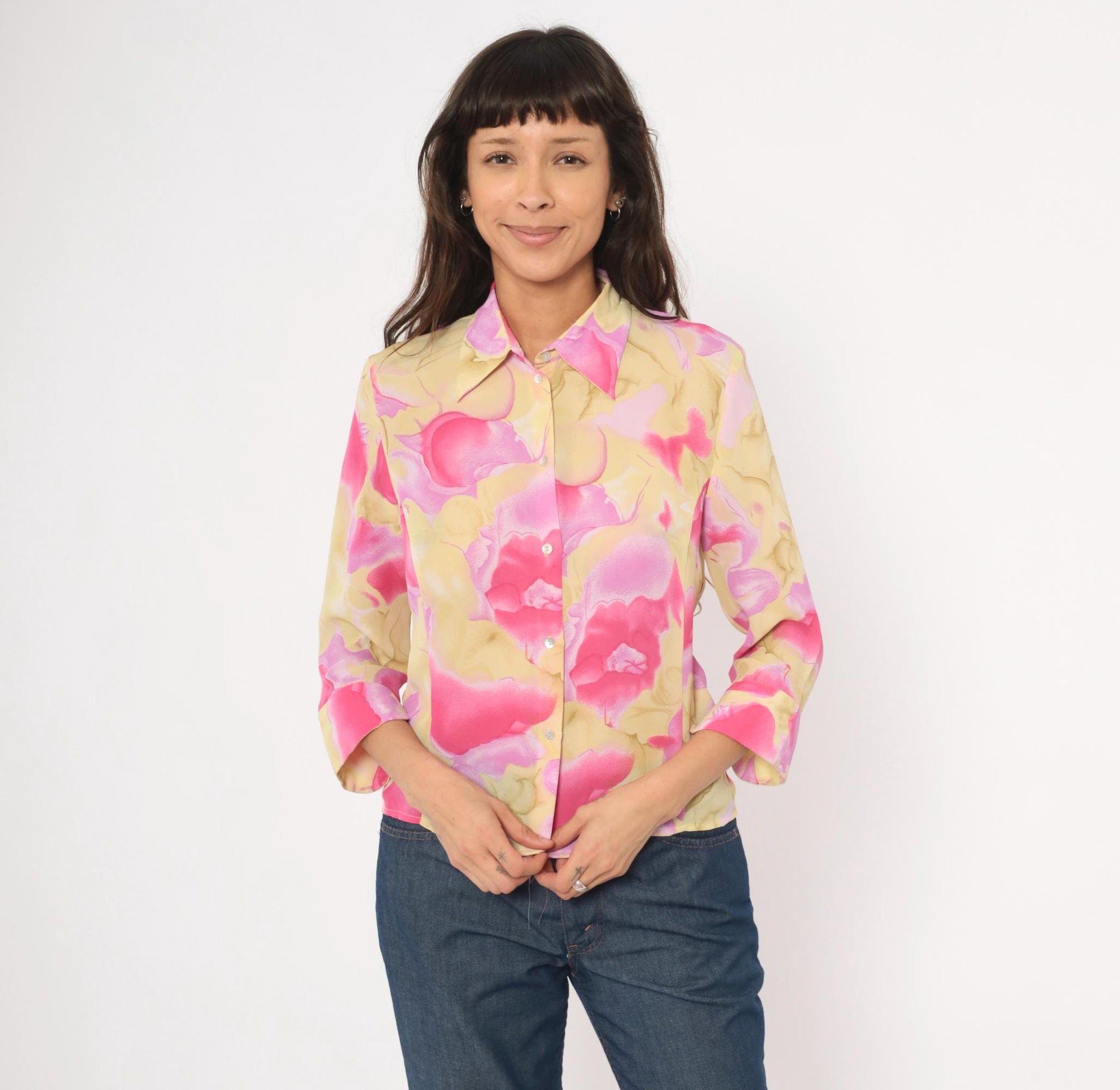 90s Caviar Watercolor Floral Sheer Blouse Pink Pointed Collar Small