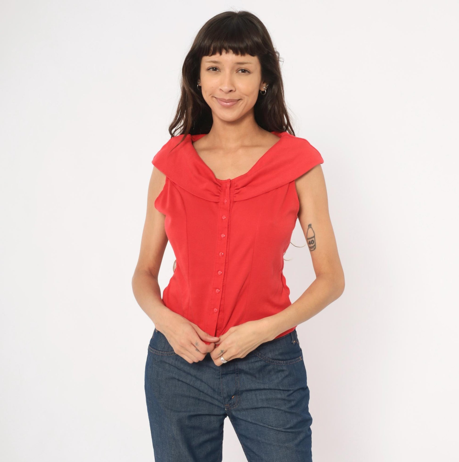 90s Dirty Dancing Red Button Front Blouse Cowl Neck Cap Sleeve Fitted Large L