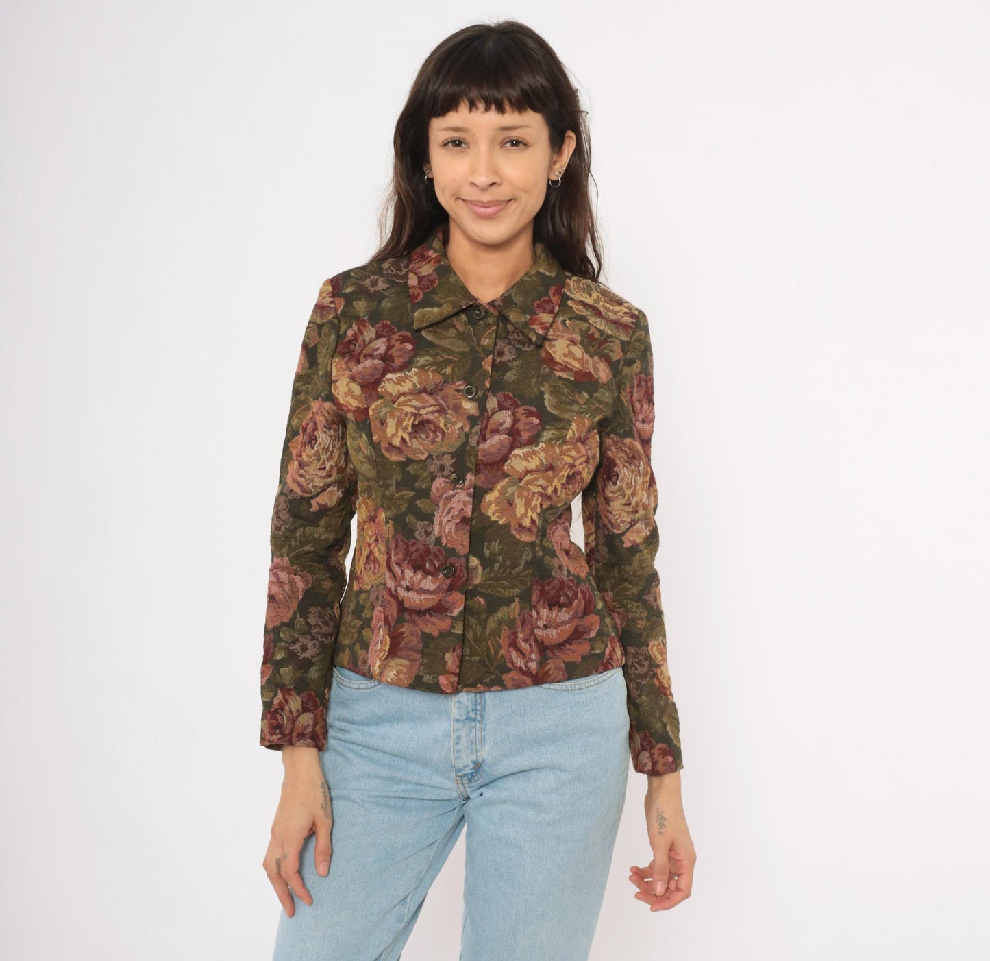 90s Jessica Howard Floral Tapestry Blazer Olive Burgundy Fitted XS