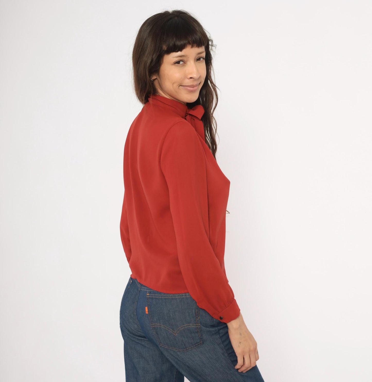 70s Kanga Petite Bow Neck Blouse Rust Terra Cotta Button Front Small