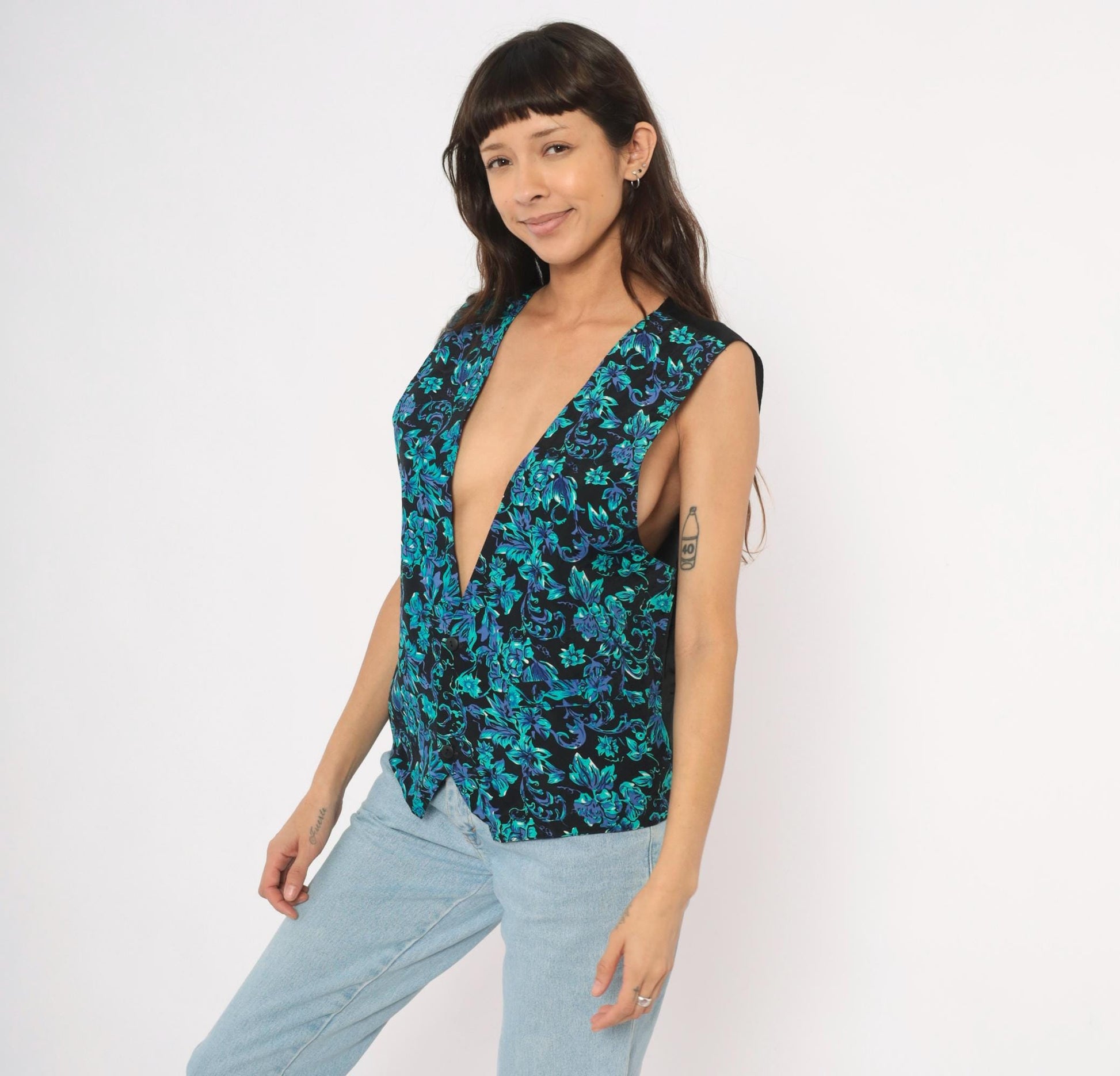 90s Floral Waistcoat Black Teal Purple Baroque Button Front Satin Back Medium M