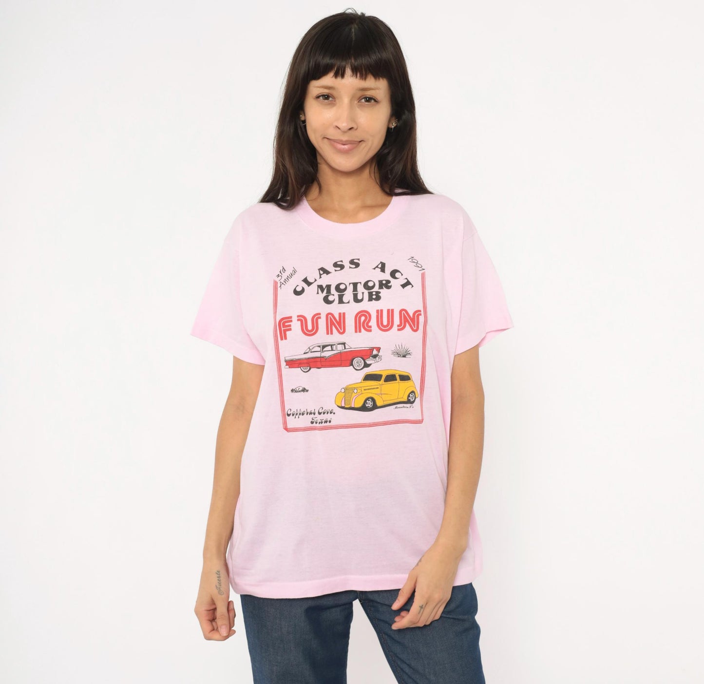 80s Screen Stars Class Act Motor Club Hot Rod Tee Pink Graphic XL