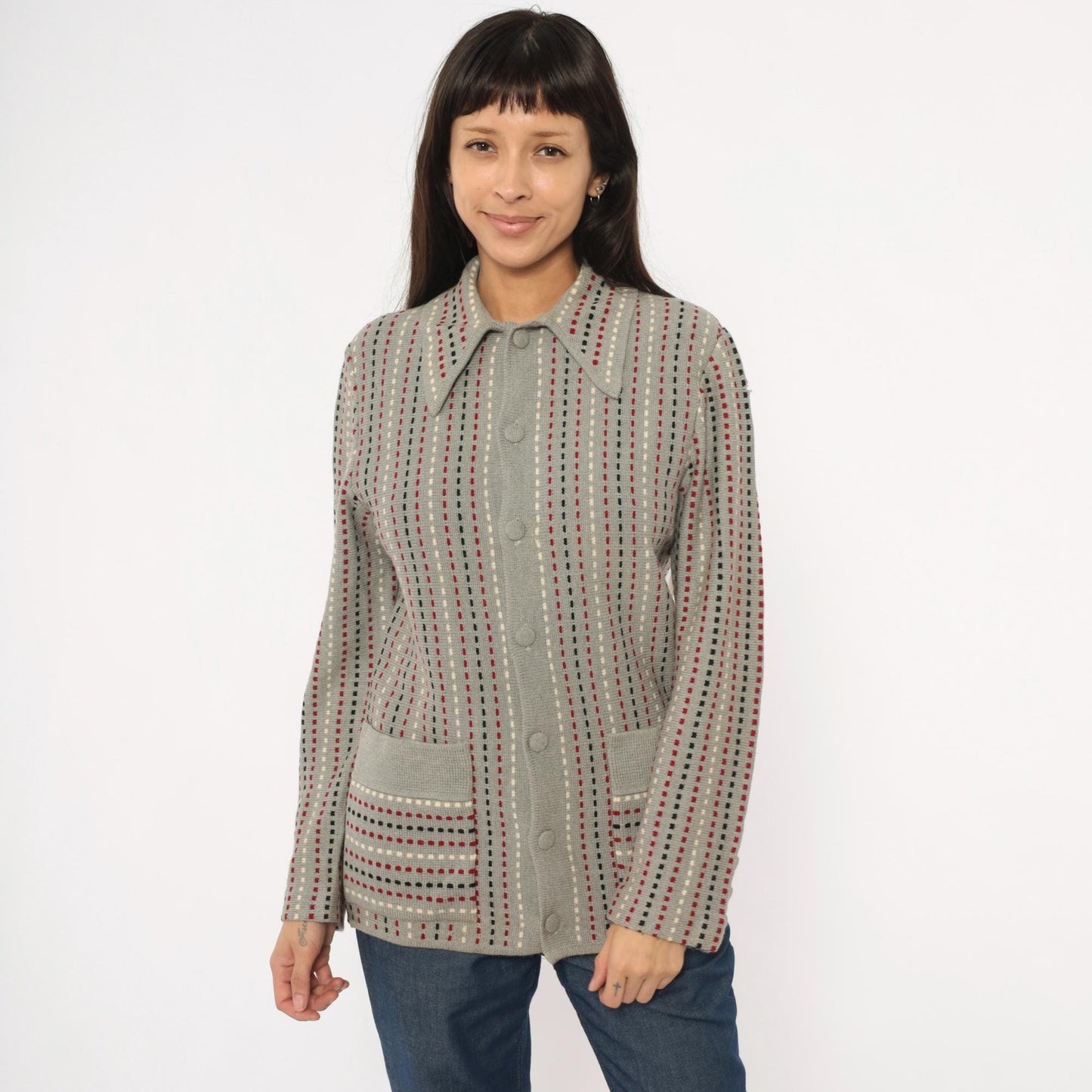 70s Damon Wool Cardigan Grey Dotted Stripe Burgundy Black Cream Medium M