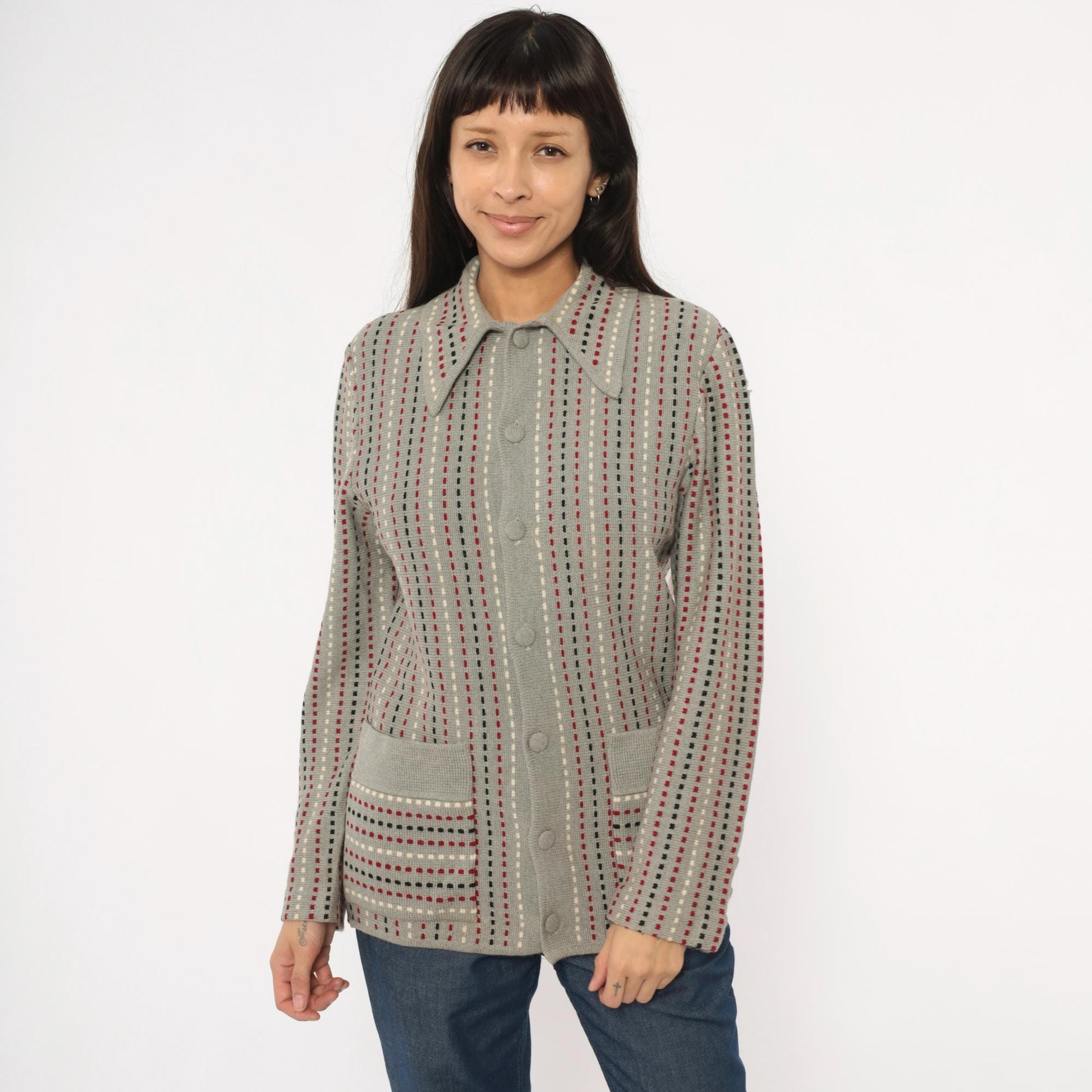 70s Damon Wool Cardigan Grey Dotted Stripe Burgundy Black Cream Medium M
