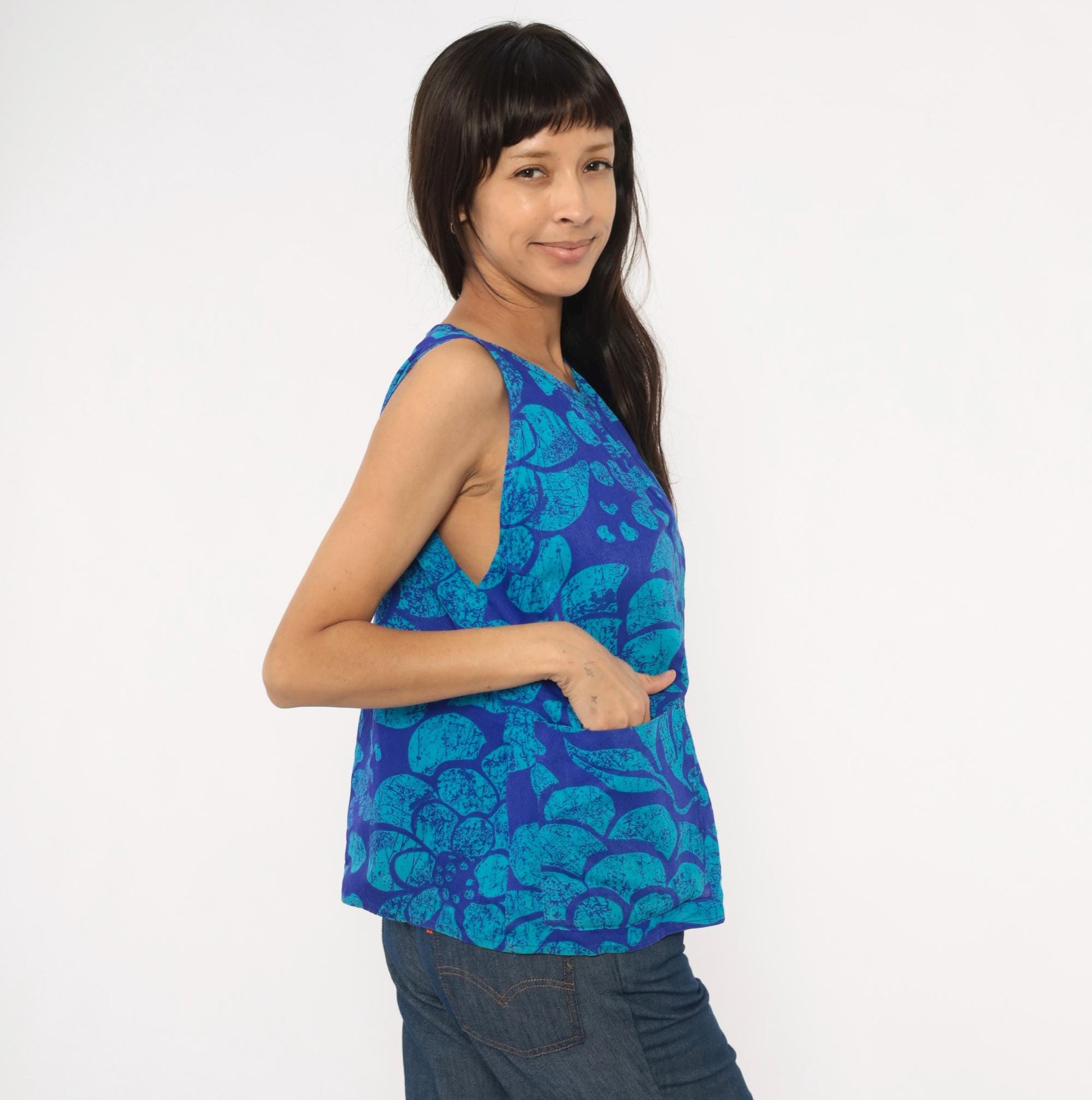 70s Batik Floral Tank Top Cobalt Teal Cotton Scoop Neck Medium M