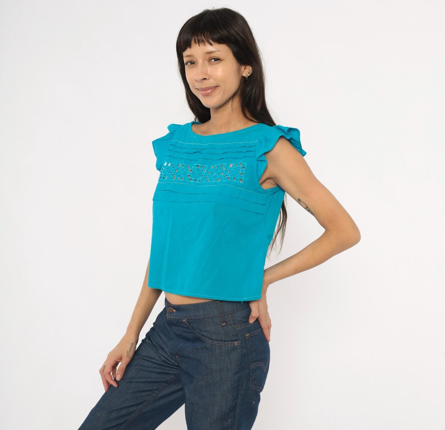 90s Teal Cutwork Cotton Blouse Flutter Cap Sleeve Crop Extra Small XS