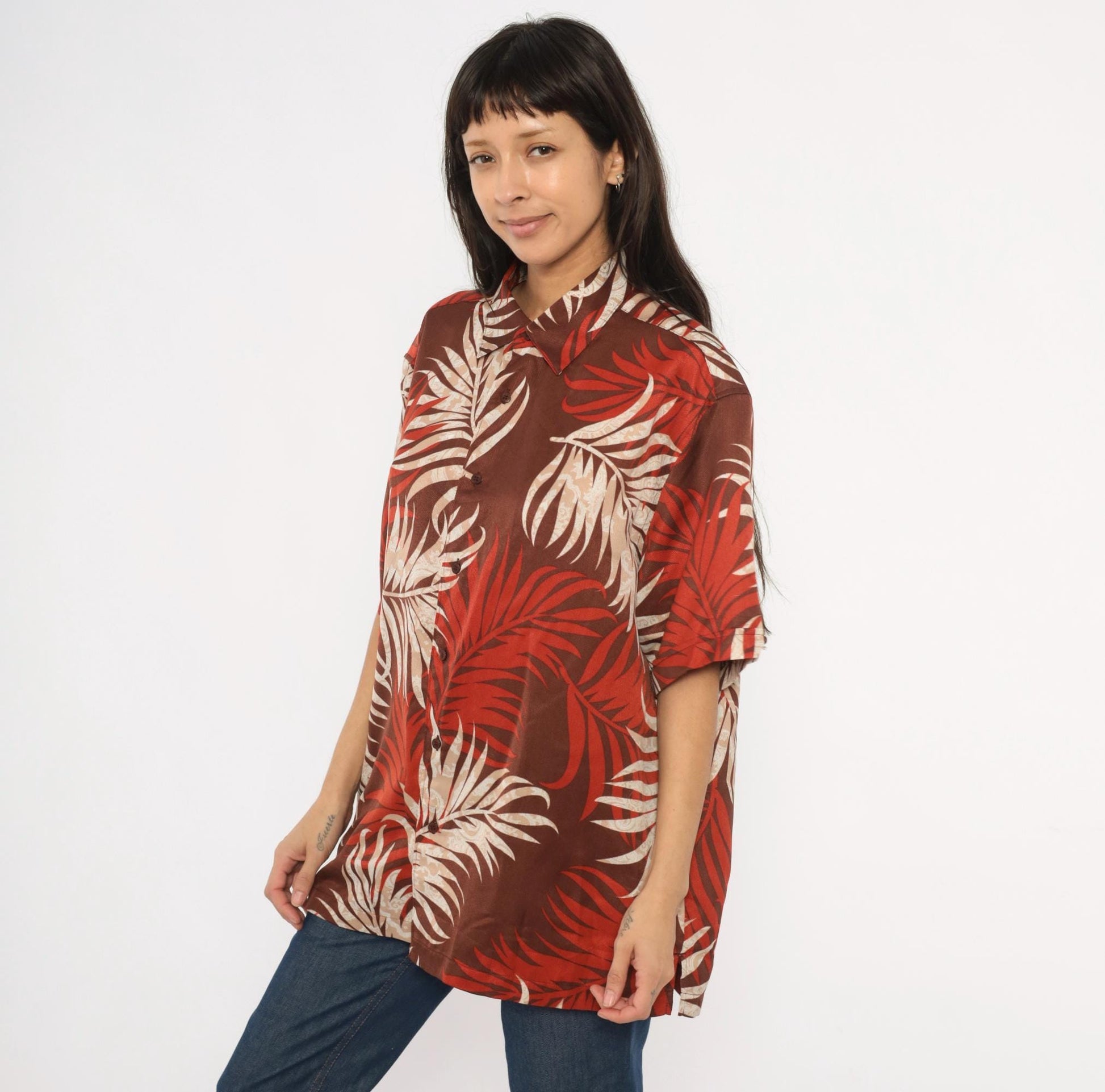 Y2K Havanera Hawaiian Shirt Palm Frond Print Rust Brown Cream Extra Large XL
