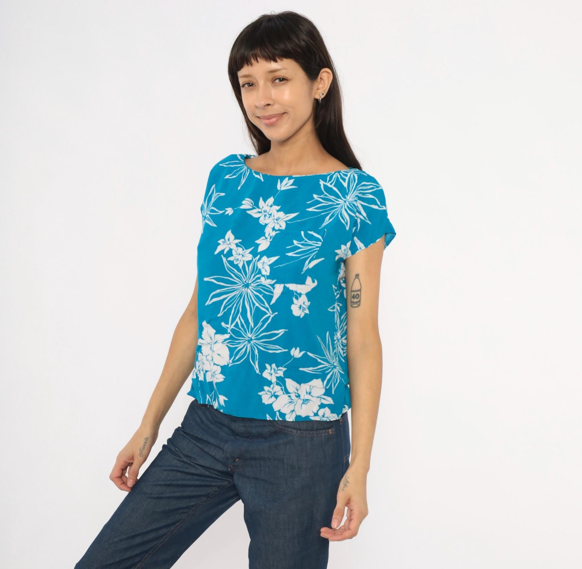 80s Charlie Tropical Floral Blouse Cobalt Blue Cap Sleeve Rayon Medium