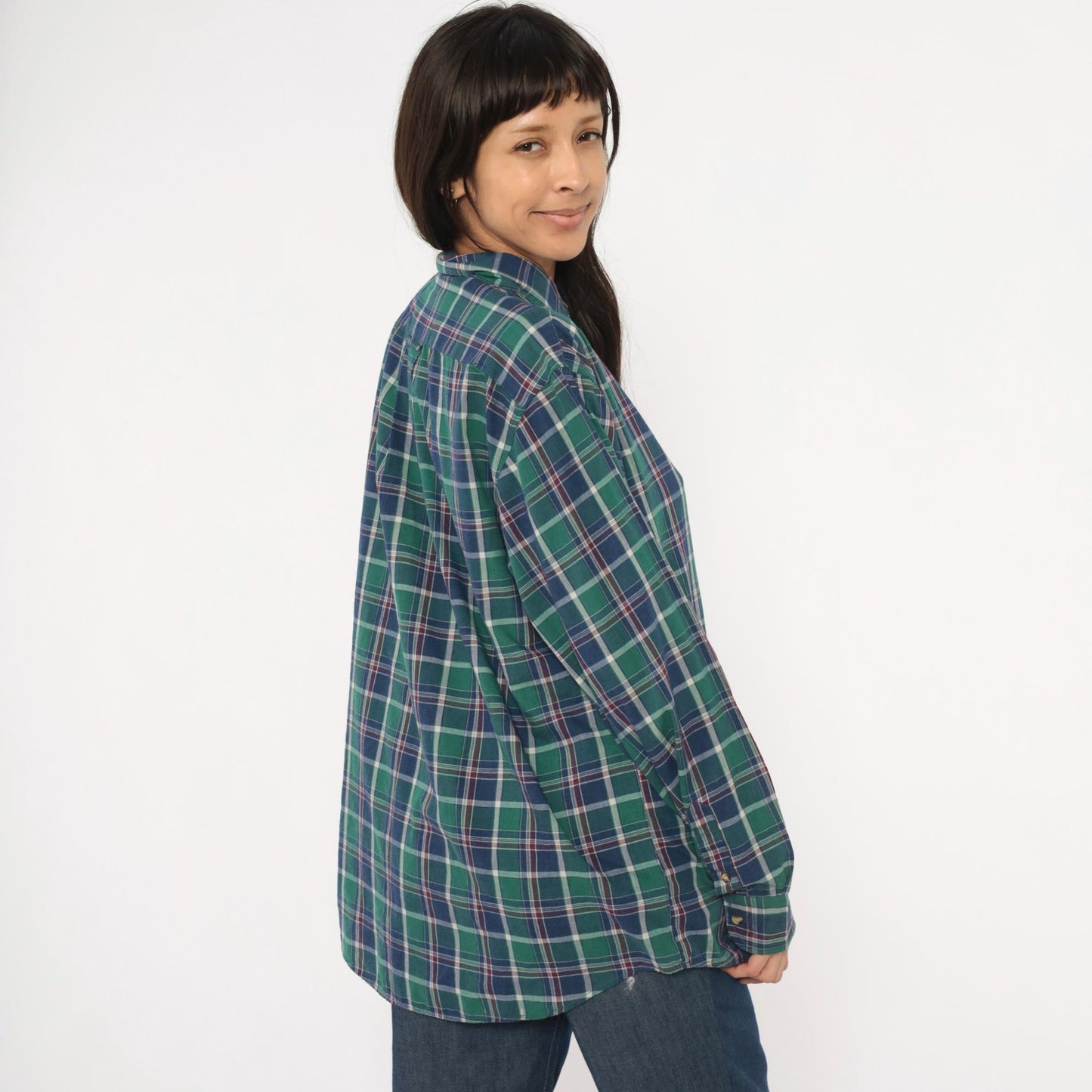 80s McGregor Plaid Flannel Button-Down Shirt Forest Green Navy Tartan Large L
