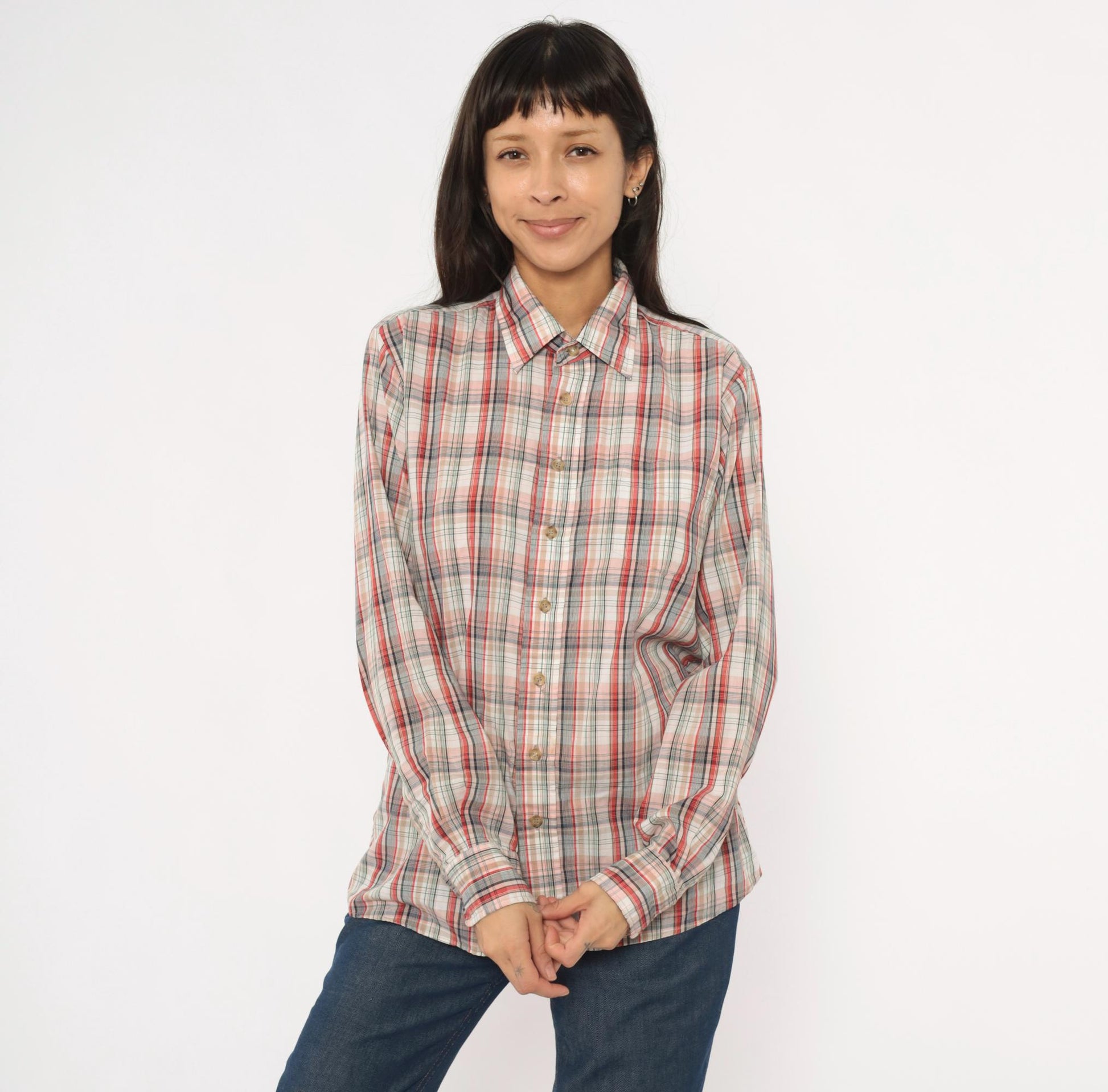 80s New York Sportswear Exchange Plaid Button-Up Shirt Cream Burgundy Medium