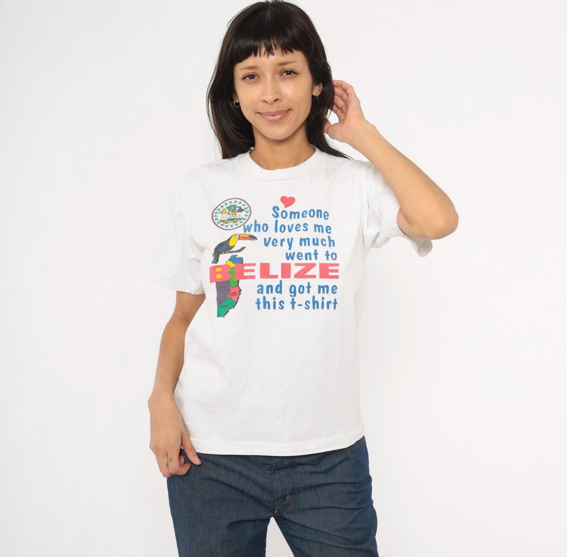 Y2K Belize Souvenir Tee Toucan Graphic White Cotton Small S