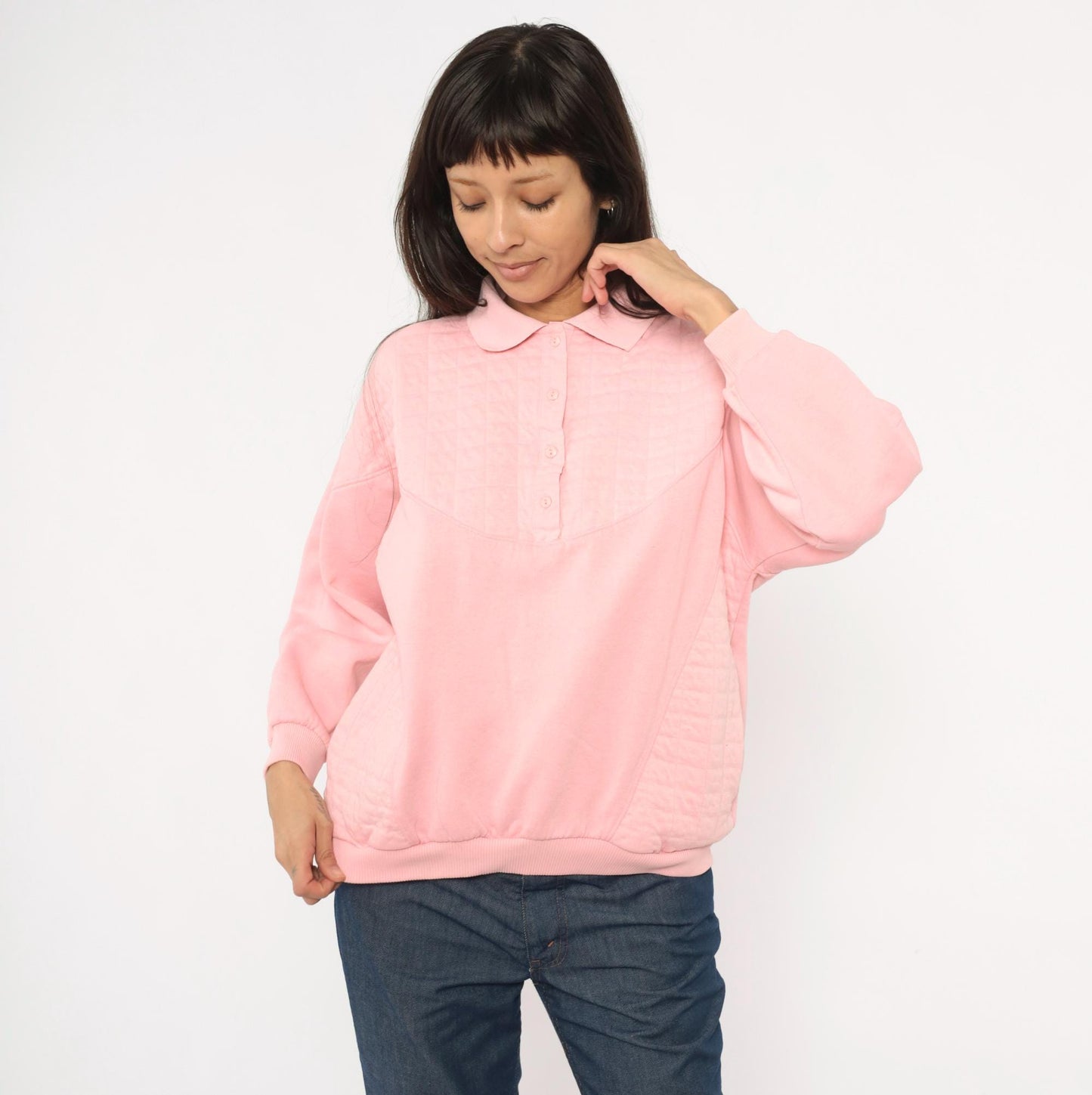 90s Casual Isle Quilted Collared Sweatshirt Pink Large L