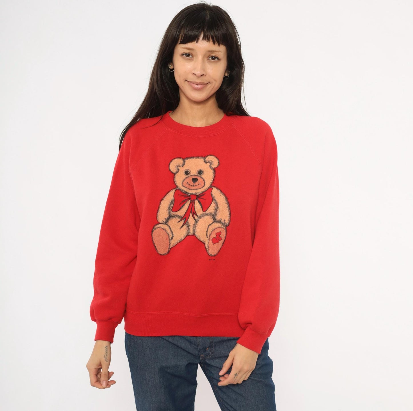 80s Teddy Bear Red Raglan Sweatshirt Graphic Crewneck Hearts Bow Medium M