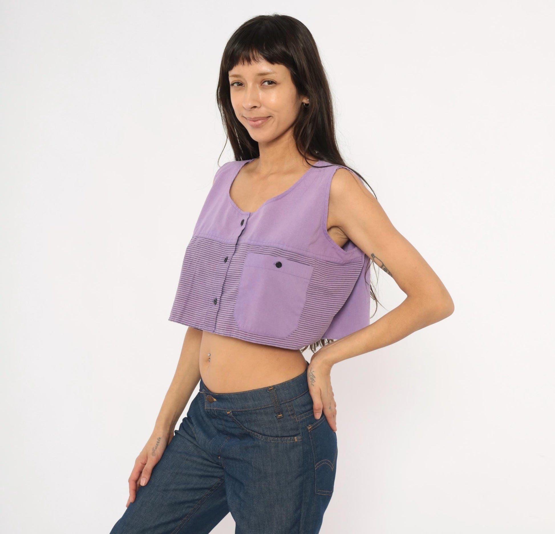 90s Award Winning Lilac Crop Top Striped Scoop Neck Sleeveless Extra Large XL