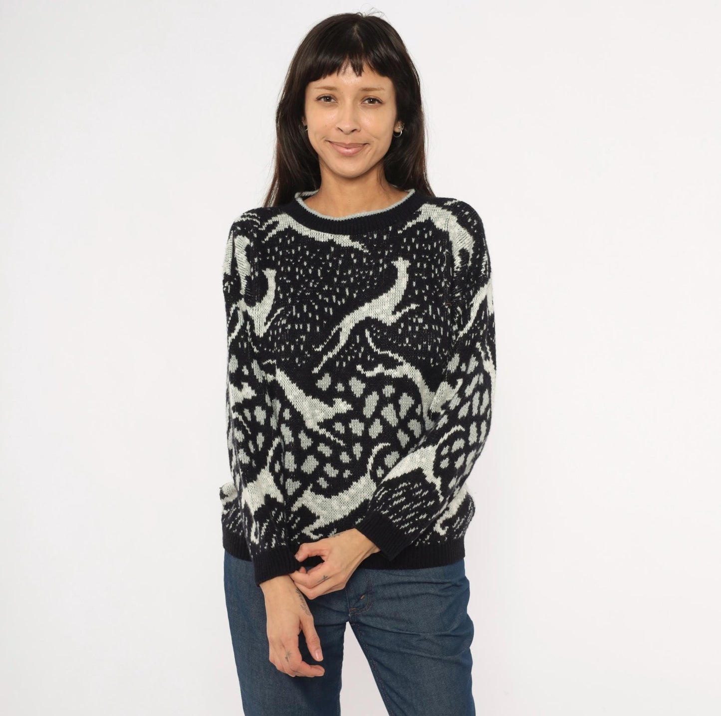 90s Arielle Greyhound Jacquard Knit Sweater Black Ivory Crewneck Large L