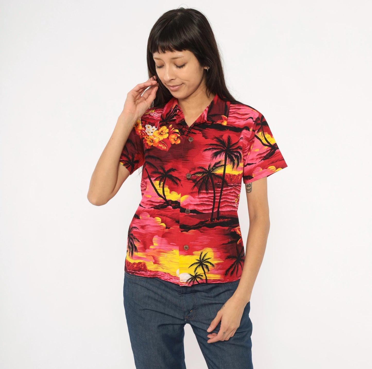 90s Palmwave Hawaii Camp Collar Shirt Red Pink Tropical Palm Tree Cotton Medium