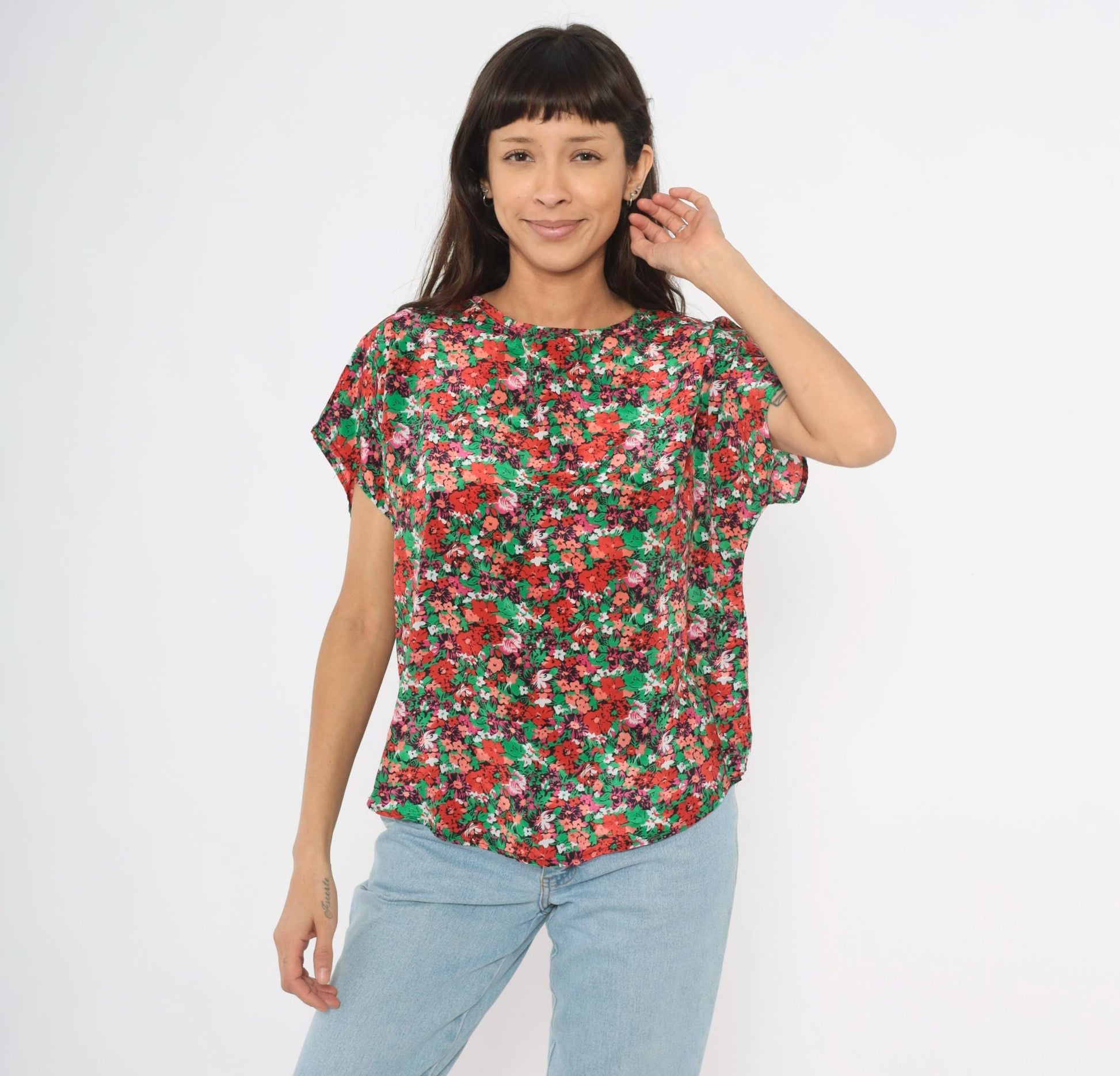 90s Jennifer Lloyd Floral Blouse Red Green Garden Print Cap Sleeve Medium
