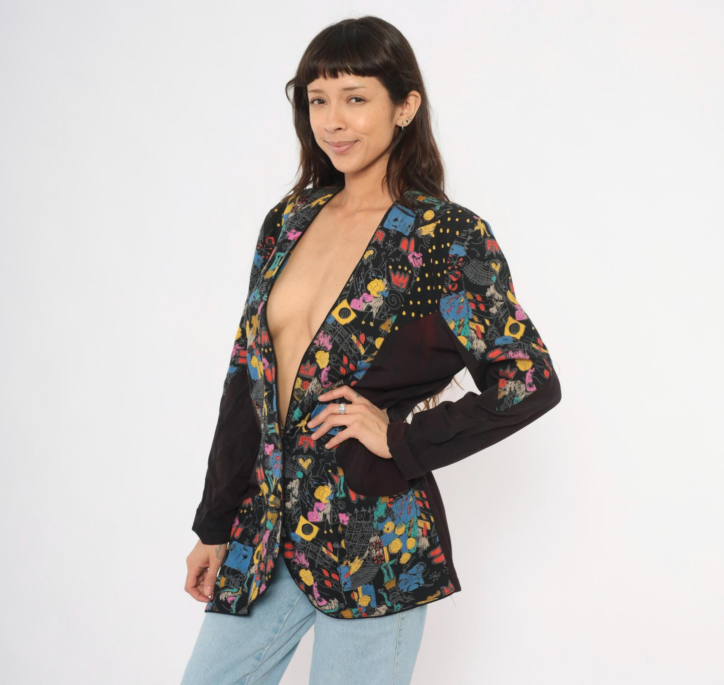 90s Choon Abstract Graffiti Blazer Deep V Black Multicolor Print Medium Large