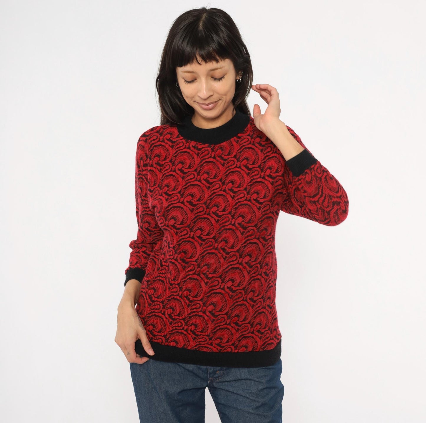 80s Down Side Up Jacquard Swirl Sweater Red Black Crew Neck Extra Small XS