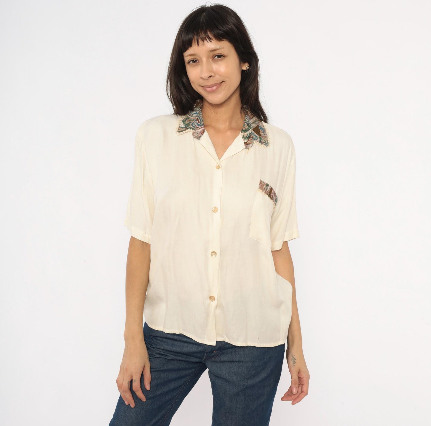 90s Giselle Paisley Collar Blouse Cream Lace Trim Short Sleeve Medium M