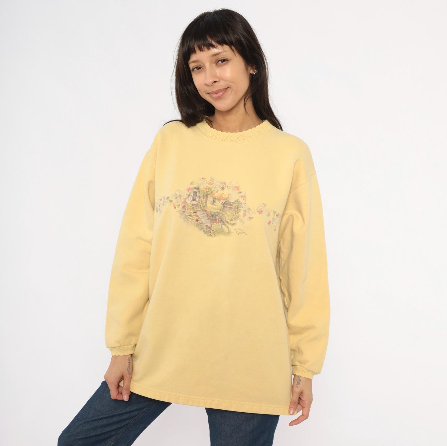 90s Northern Reflections Butter Yellow Garden Scene Sweatshirt Cotton Large L