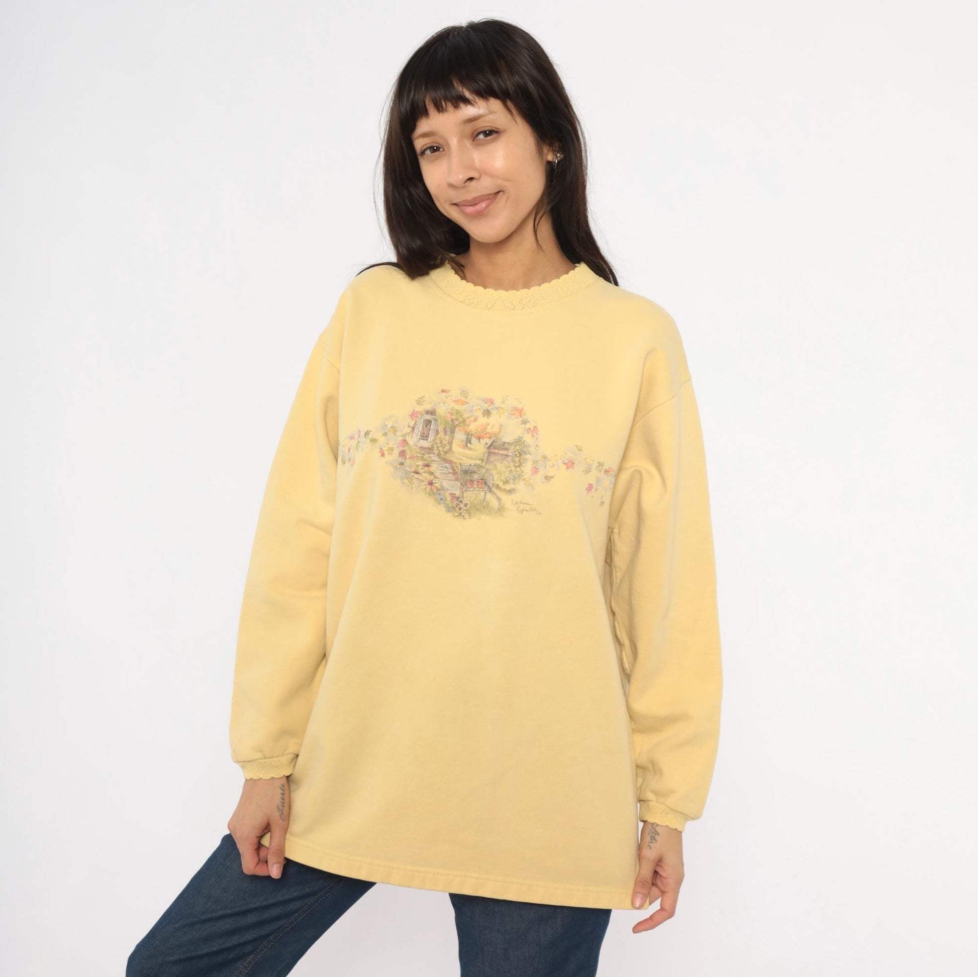90s Northern Reflections Butter Yellow Garden Scene Sweatshirt Cotton Large L