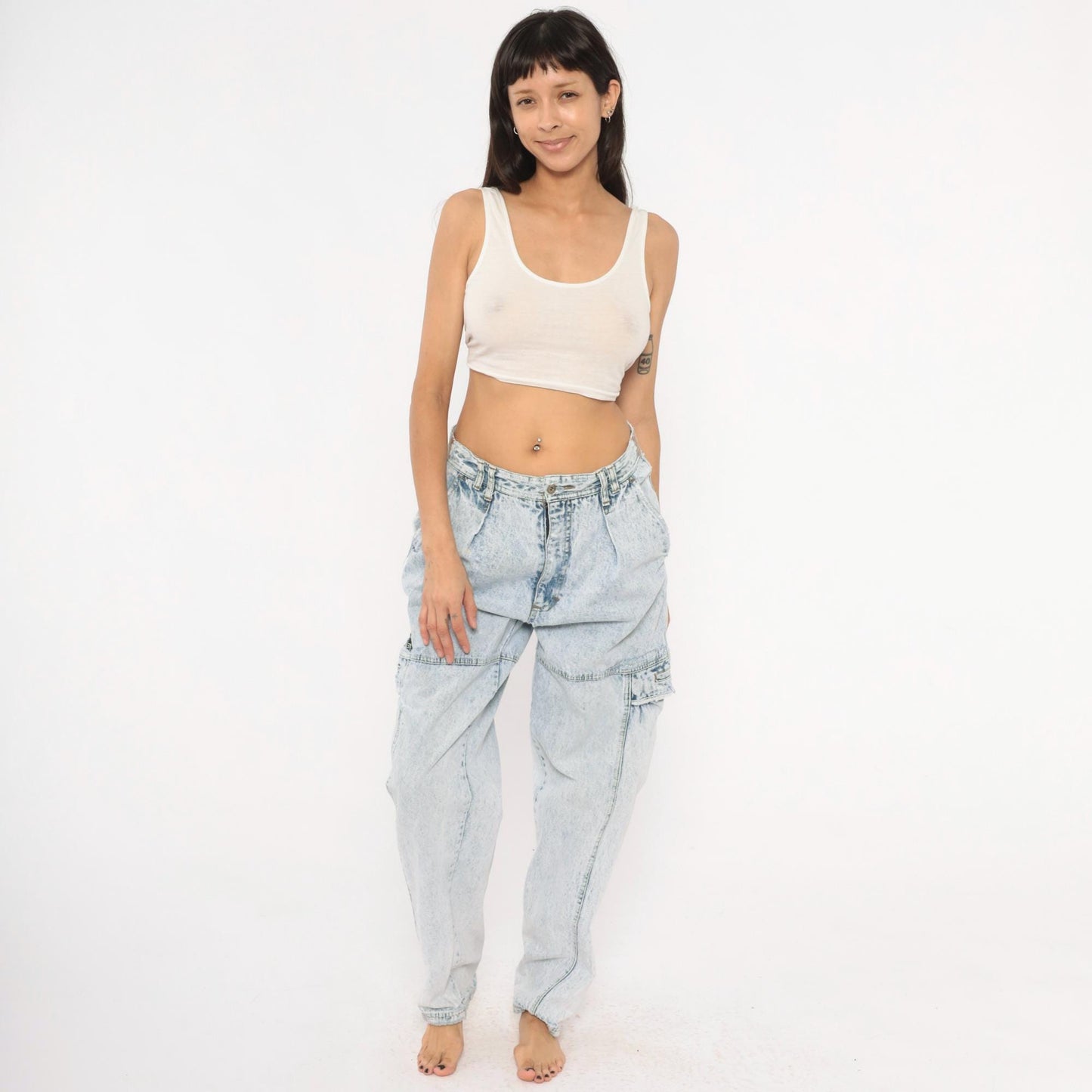 80s Bugle Boy Acid Wash Cargo Jeans Light Blue High Rise 33L
