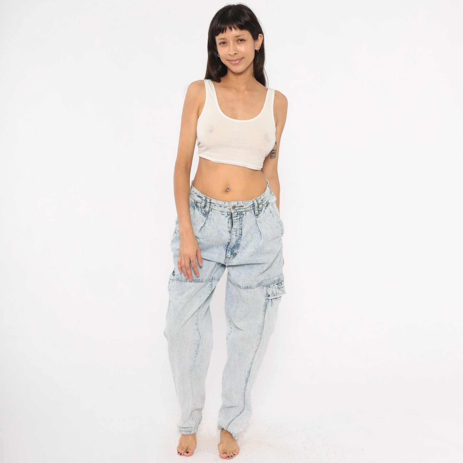 80s Bugle Boy Acid Wash Cargo Jeans Light Blue High Rise 33L