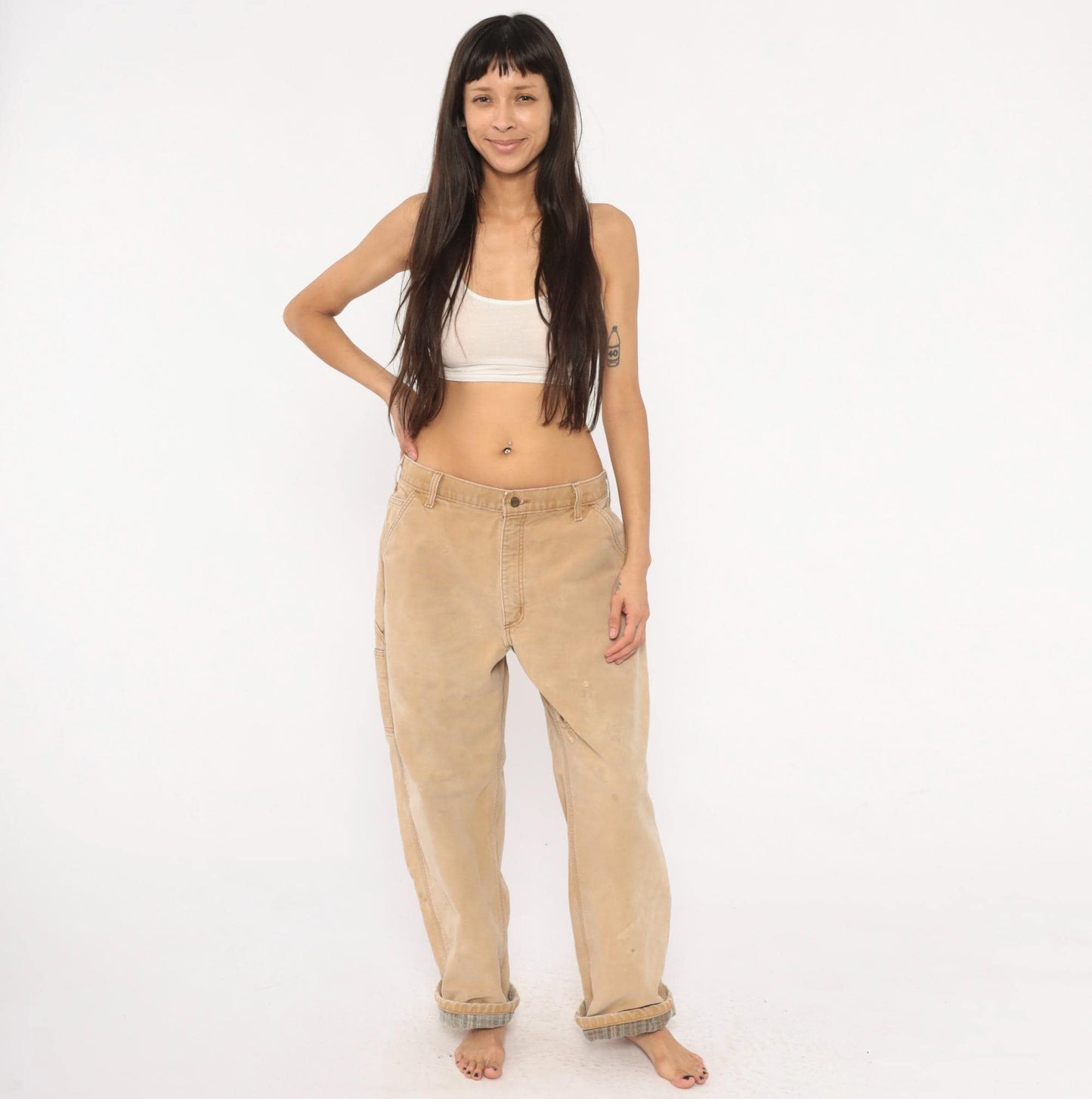 Carhartt Carpenter Pants Flannel Lined Canvas Straight Leg Tan Distressed Extra Large XL