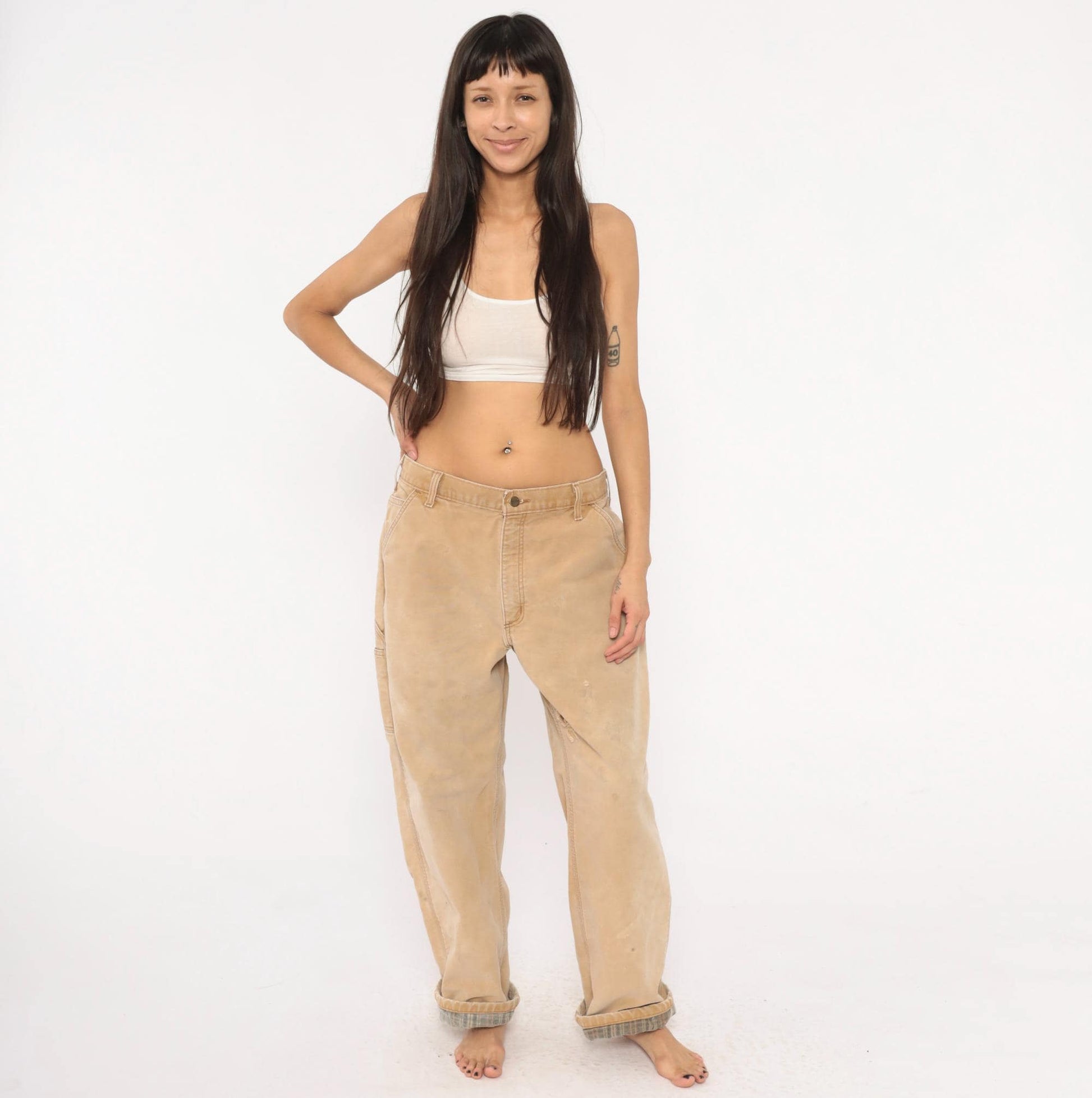 Carhartt Carpenter Pants Flannel Lined Canvas Straight Leg Tan Distressed Extra Large XL