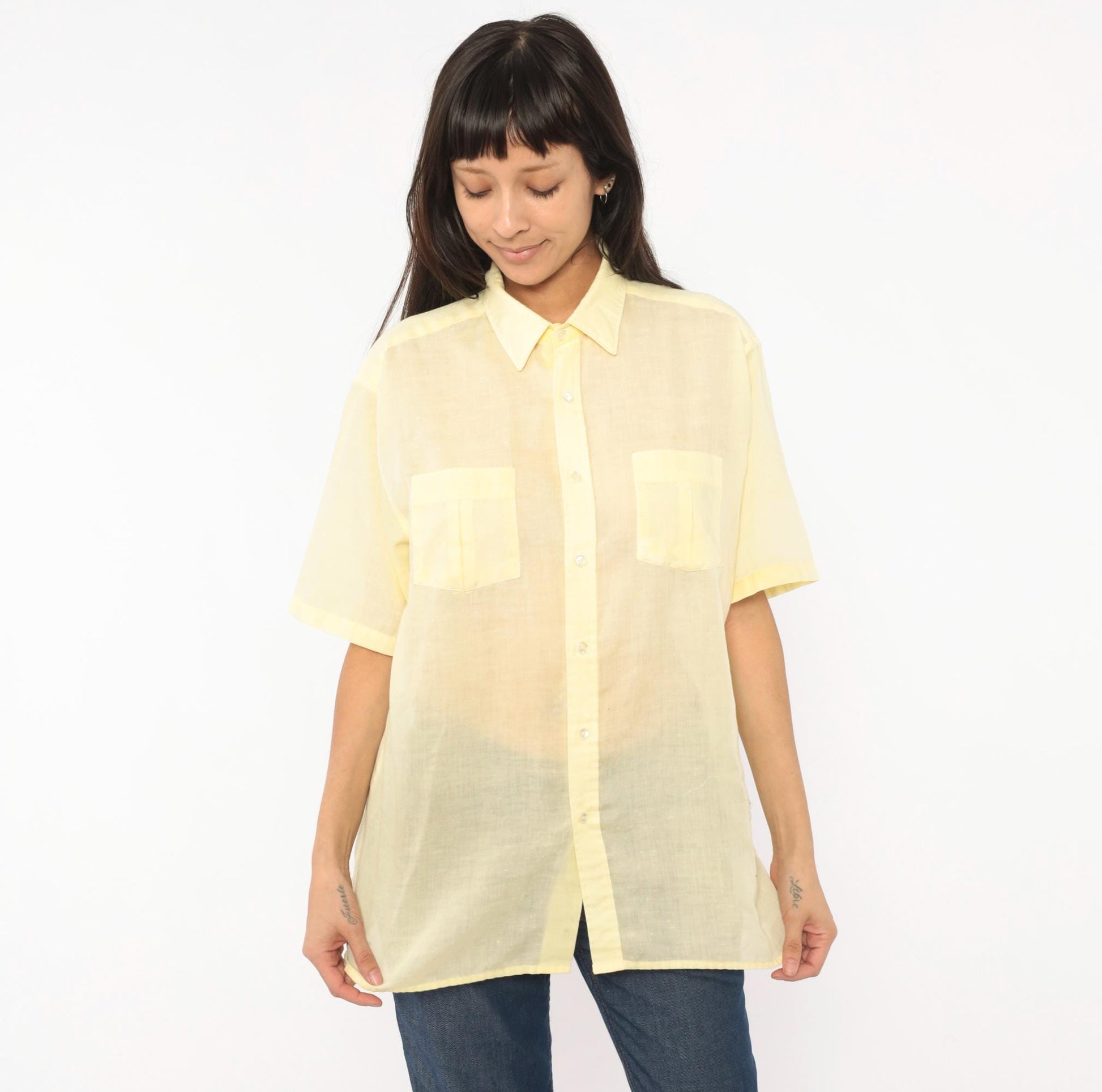 70s Arrow Pale Yellow Camp Collar Shirt Short Sleeve Pointed Chest Pockets Medium