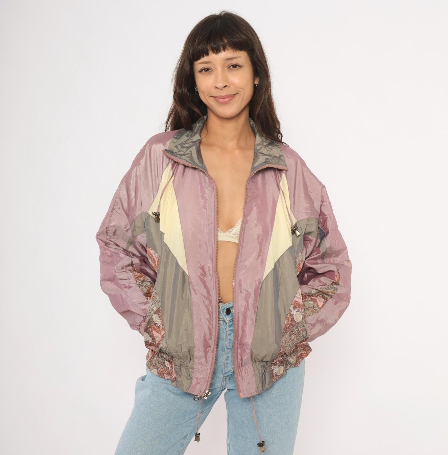 90s Westport Ltd. Colorblock Windbreaker Mauve Grey Cream Paisley Medium M