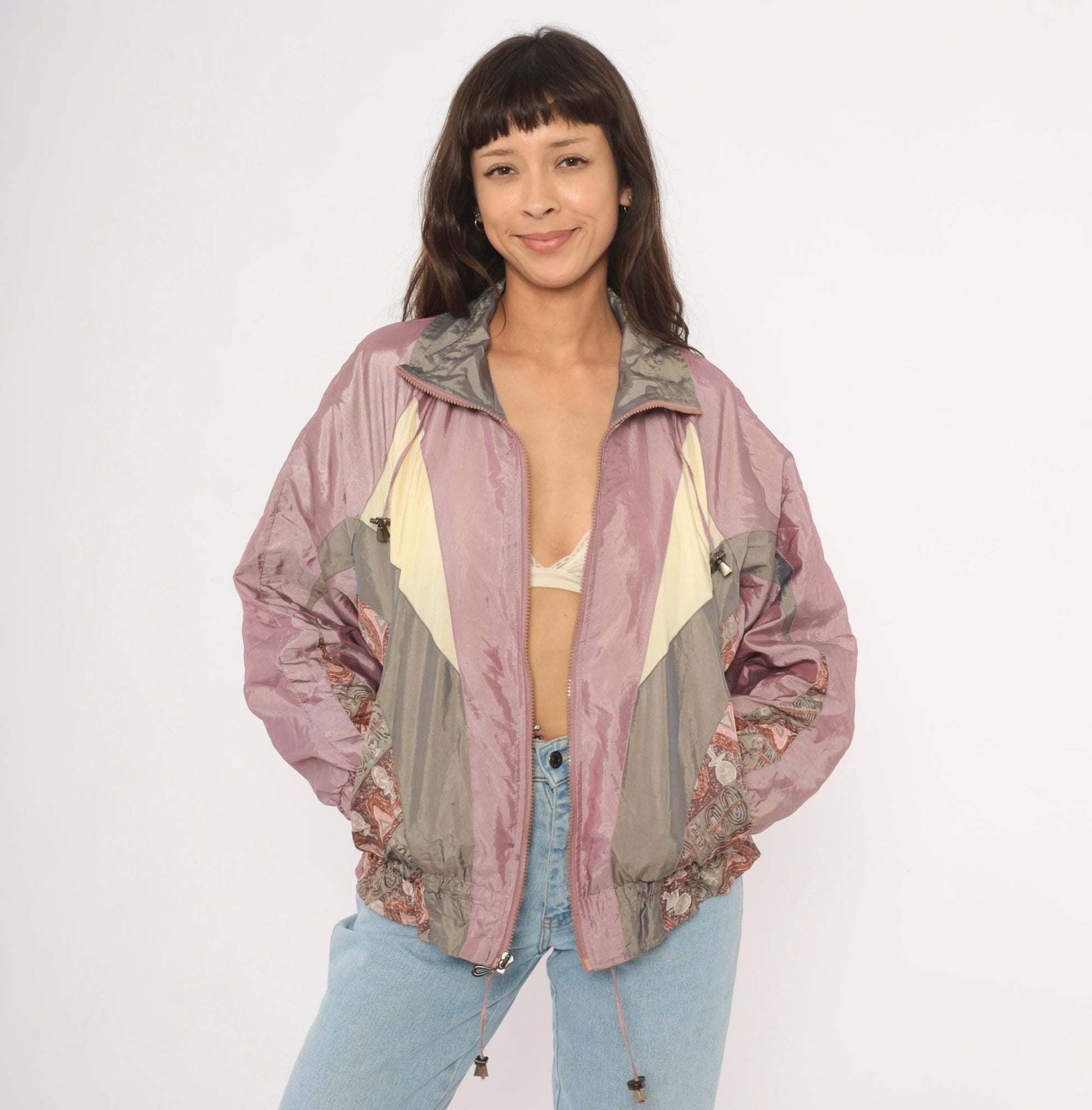90s Westport Ltd. Colorblock Windbreaker Mauve Grey Cream Paisley Medium M