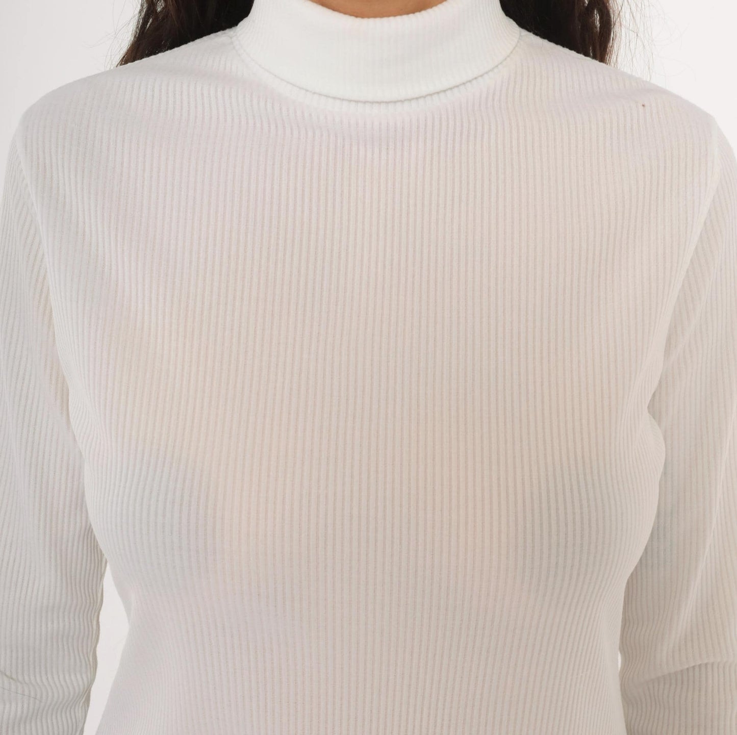70s White Ribbed Mock Neck Top Long Sleeve Fitted Knit Zip Back Small