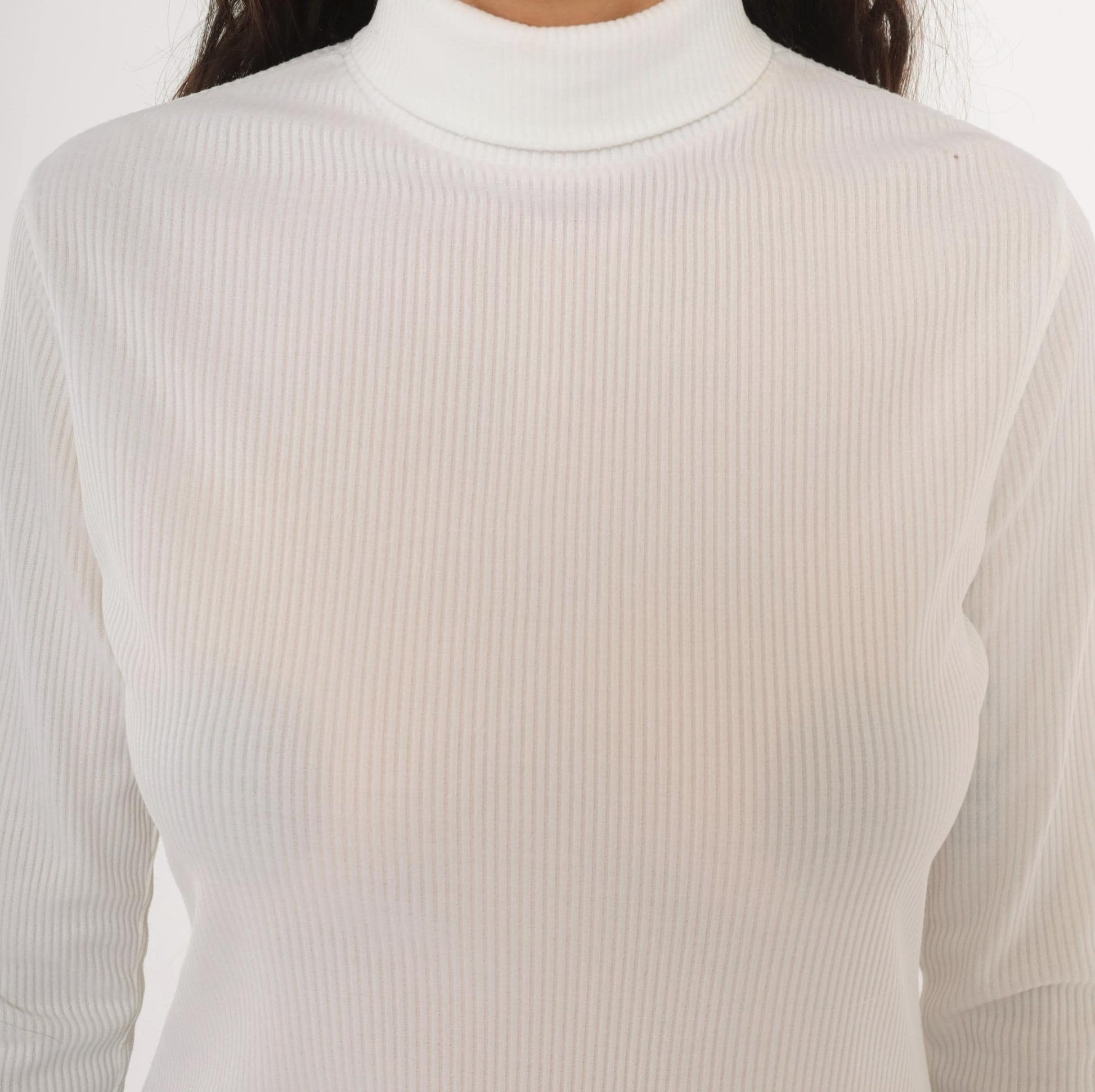 70s White Ribbed Mock Neck Top Long Sleeve Fitted Knit Zip Back Small