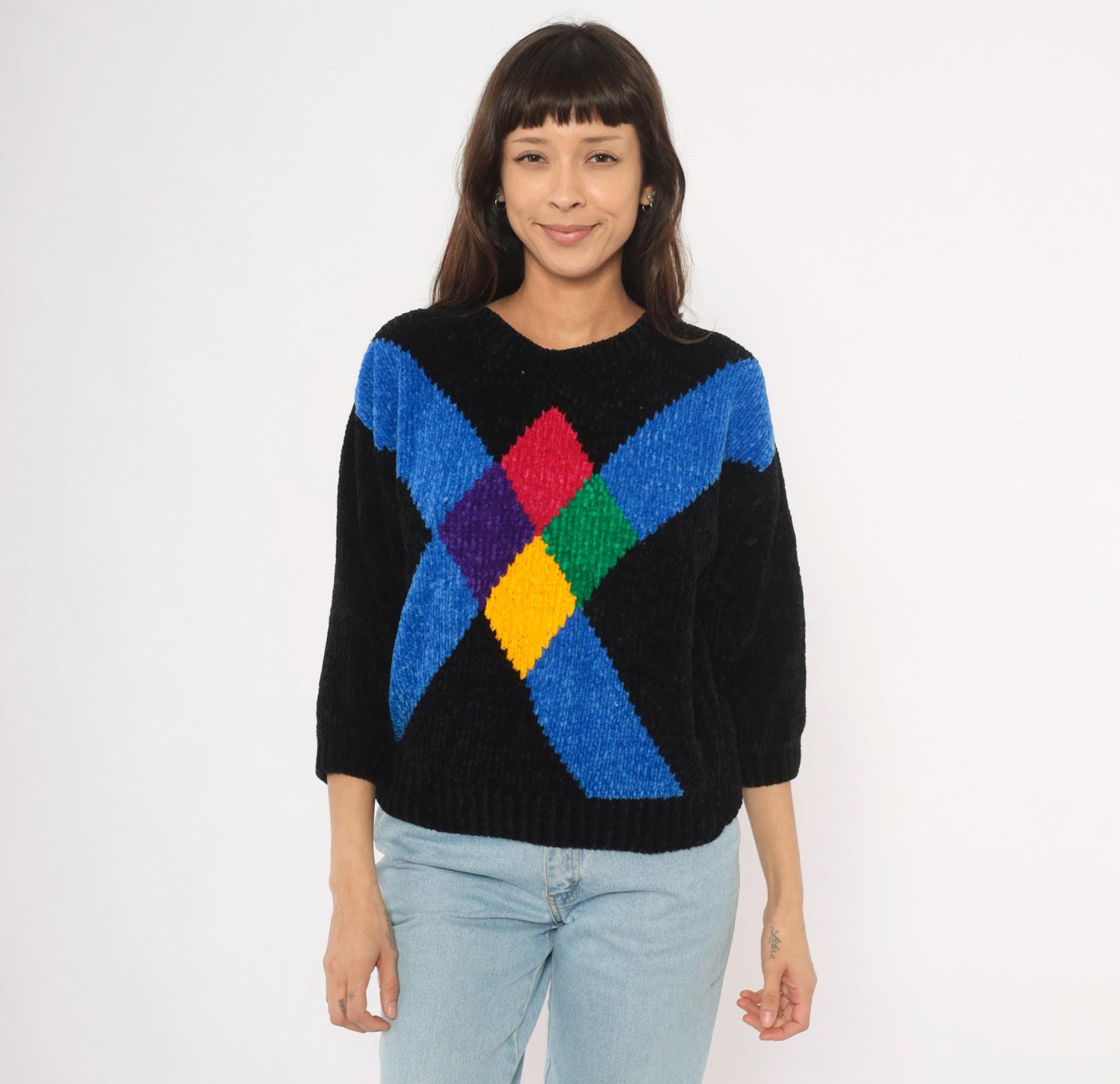 80s Cristina's Argyle Chenille Knit Pullover Black Multicolor Small