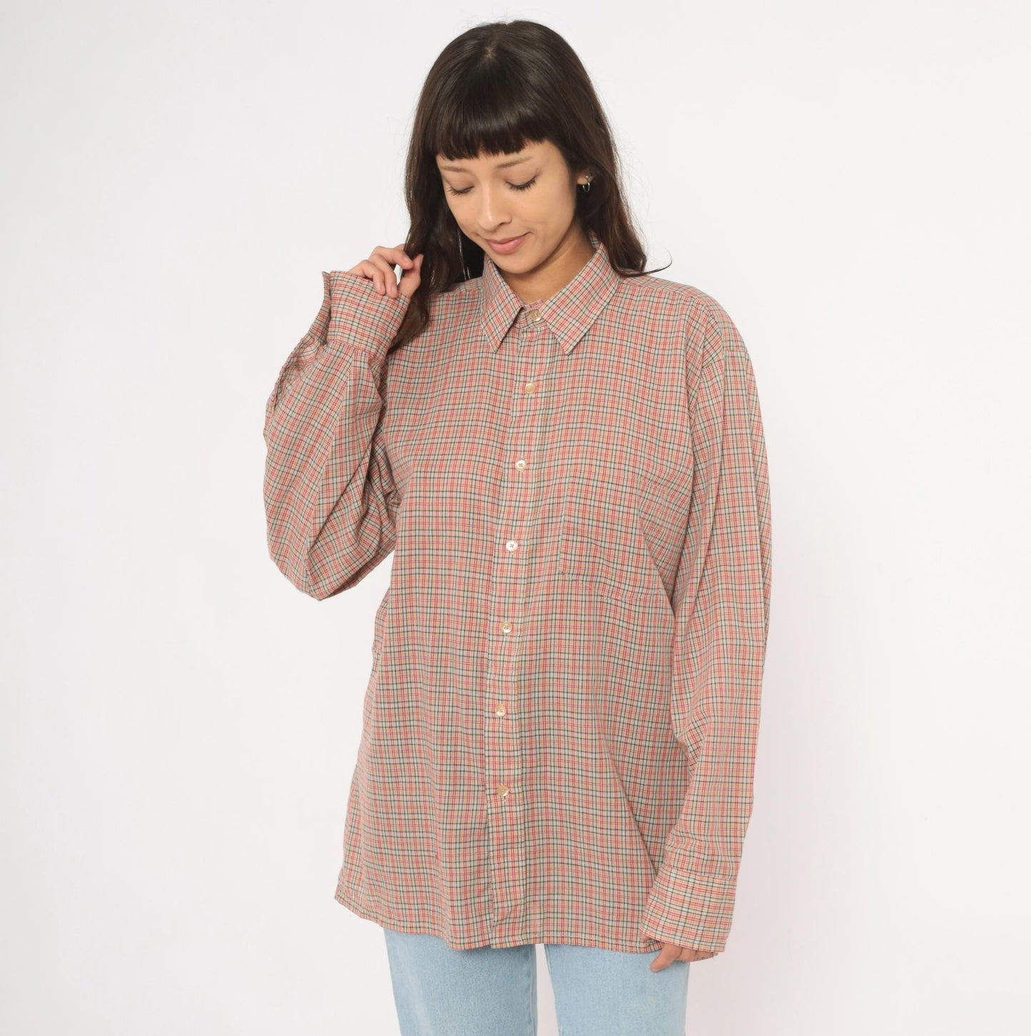 90s Plaid Button-Up Shirt Red Green Tan Check Cotton Point Collar Medium M