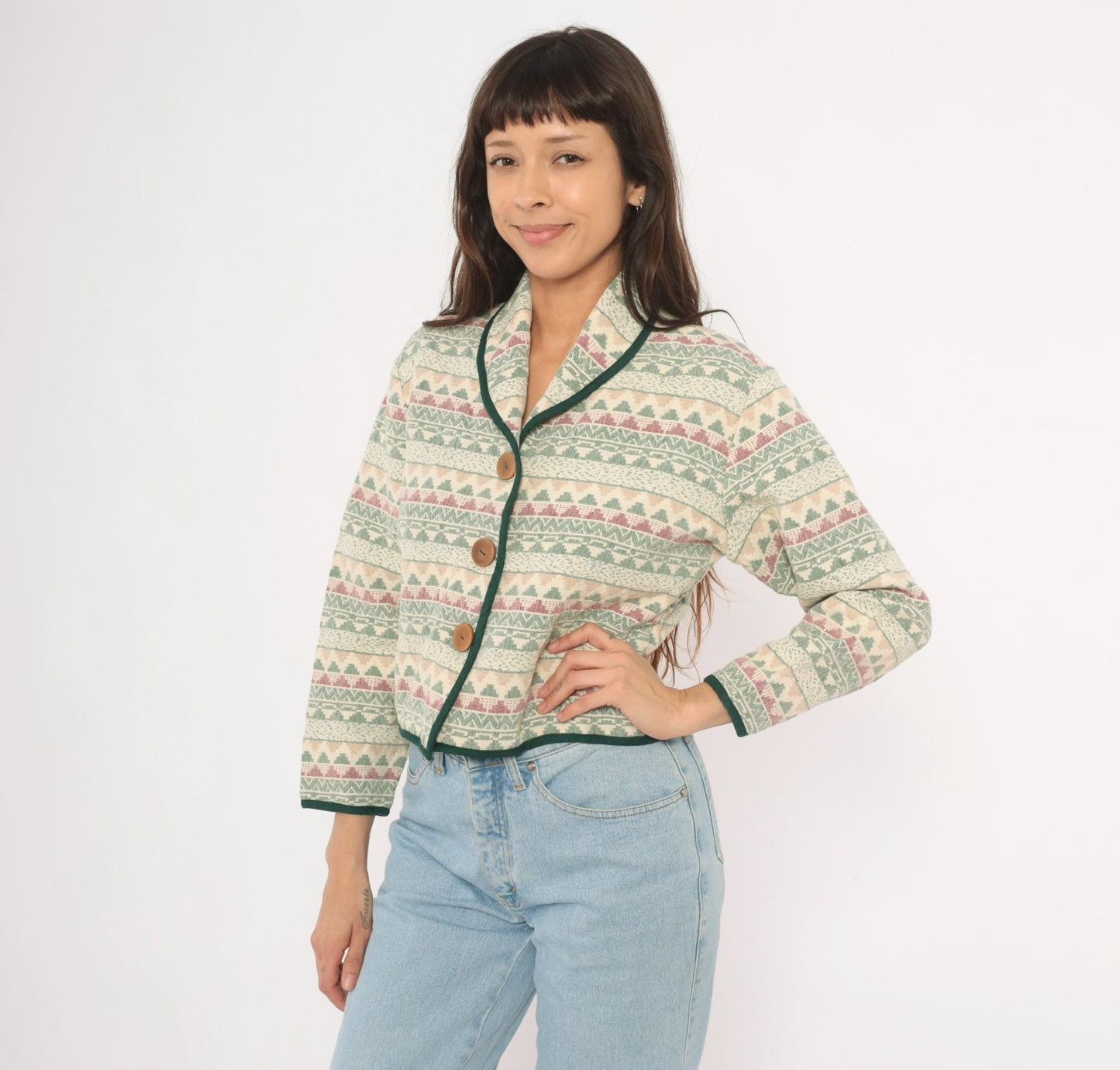 90s Southwest Canyon Tapestry Jacket Cropped Cream Sage Geometric Wooden Button Large L