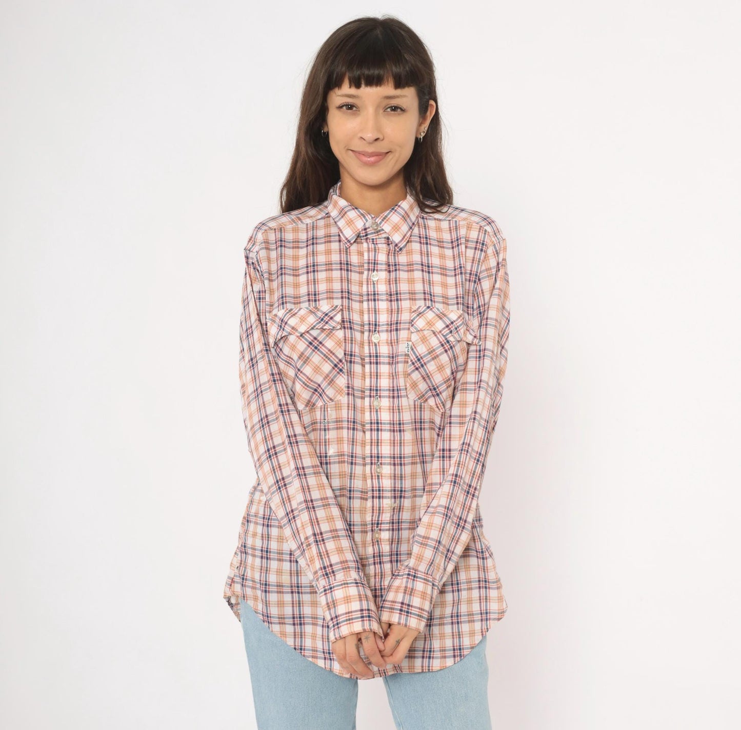 80s Levi Strauss Plaid Flannel Shirt White Navy Red Cotton Large L