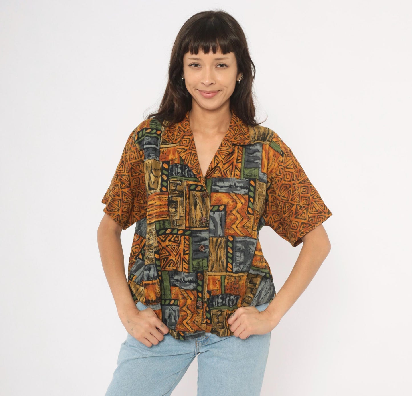 90s Tribal Patchwork Camp Collar Shirt Mustard Olive Slate Large L