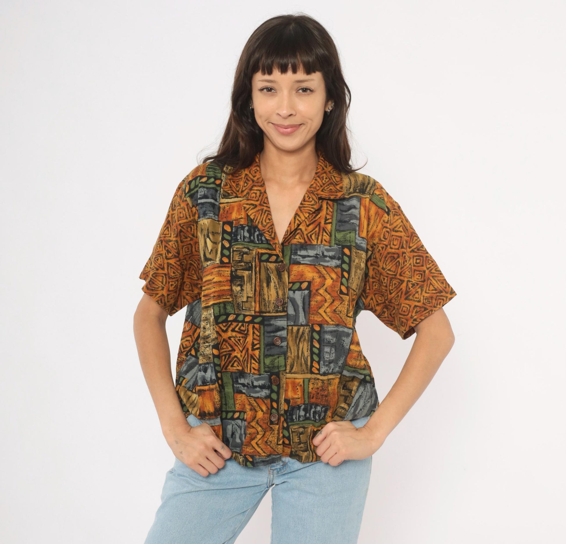 90s Tribal Patchwork Camp Collar Shirt Mustard Olive Slate Large L