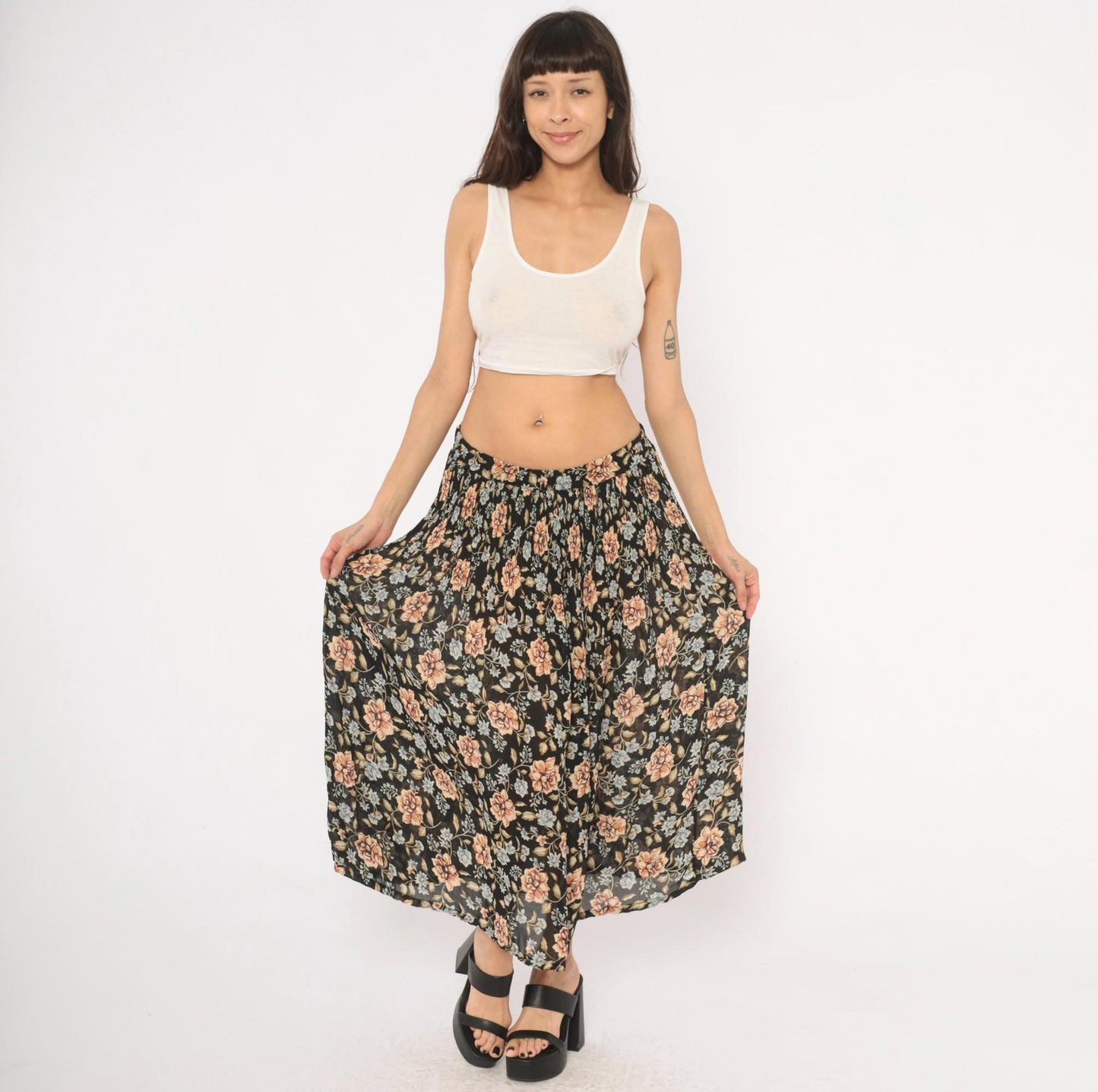 90s Sag Harbor Floral Maxi Skirt Black Peach Periwinkle Medium