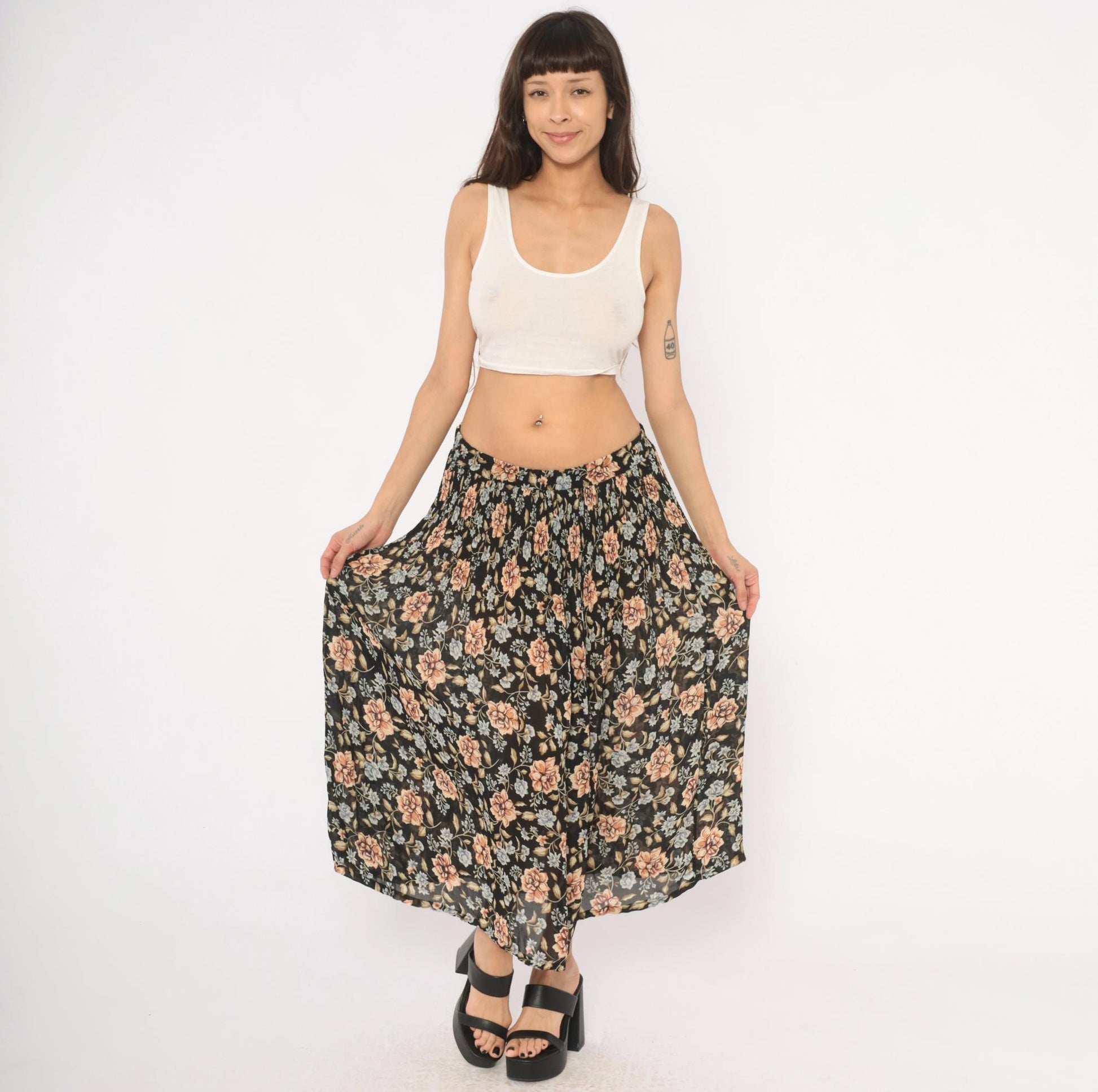 90s Sag Harbor Floral Maxi Skirt Black Peach Periwinkle Medium